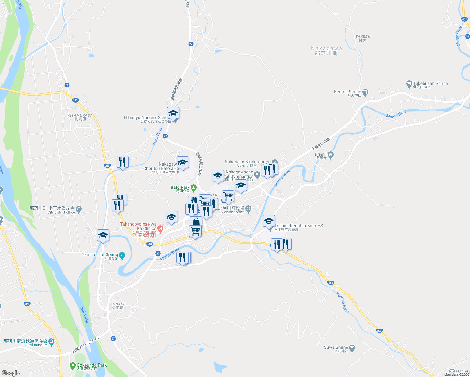 map of restaurants, bars, coffee shops, grocery stores, and more near in Nakagawa