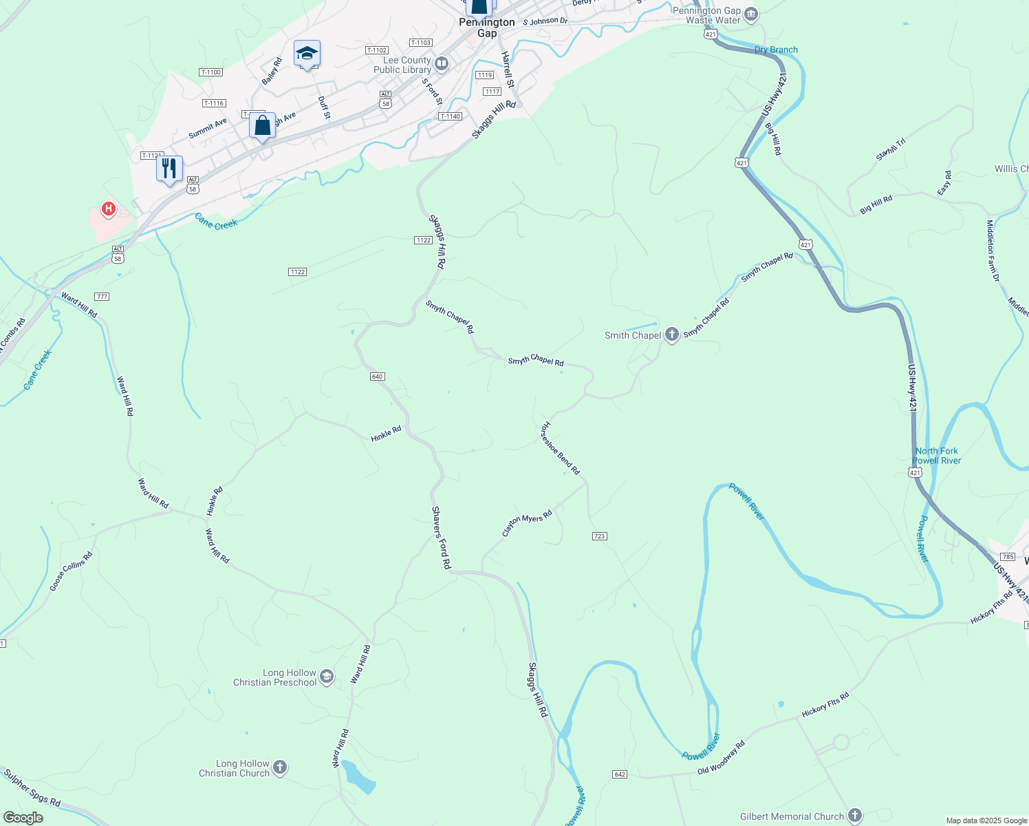 map of restaurants, bars, coffee shops, grocery stores, and more near in PENNINGTN GAP