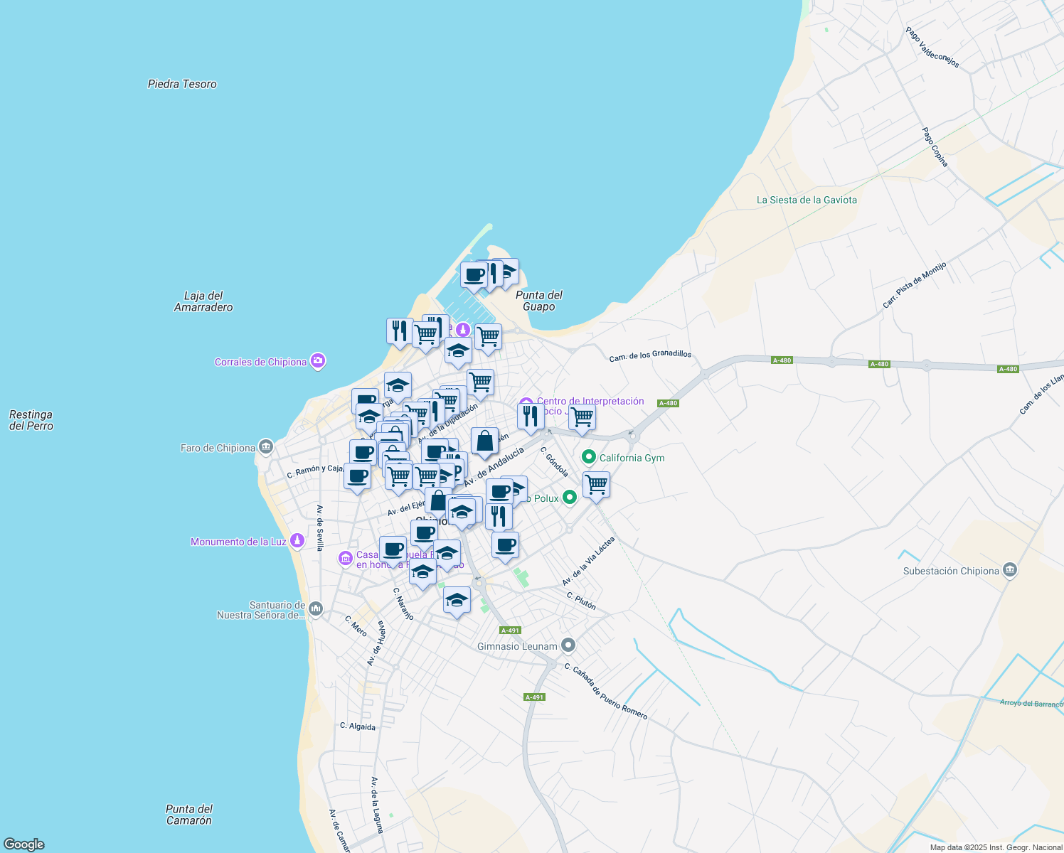map of restaurants, bars, coffee shops, grocery stores, and more near 54 Avenida de Granada in Chipiona