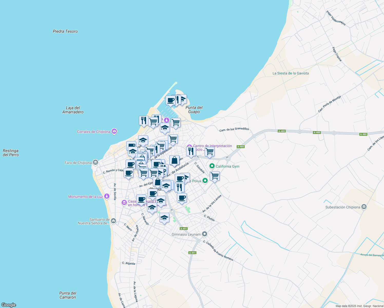map of restaurants, bars, coffee shops, grocery stores, and more near 54 Avenida de Granada in Chipiona
