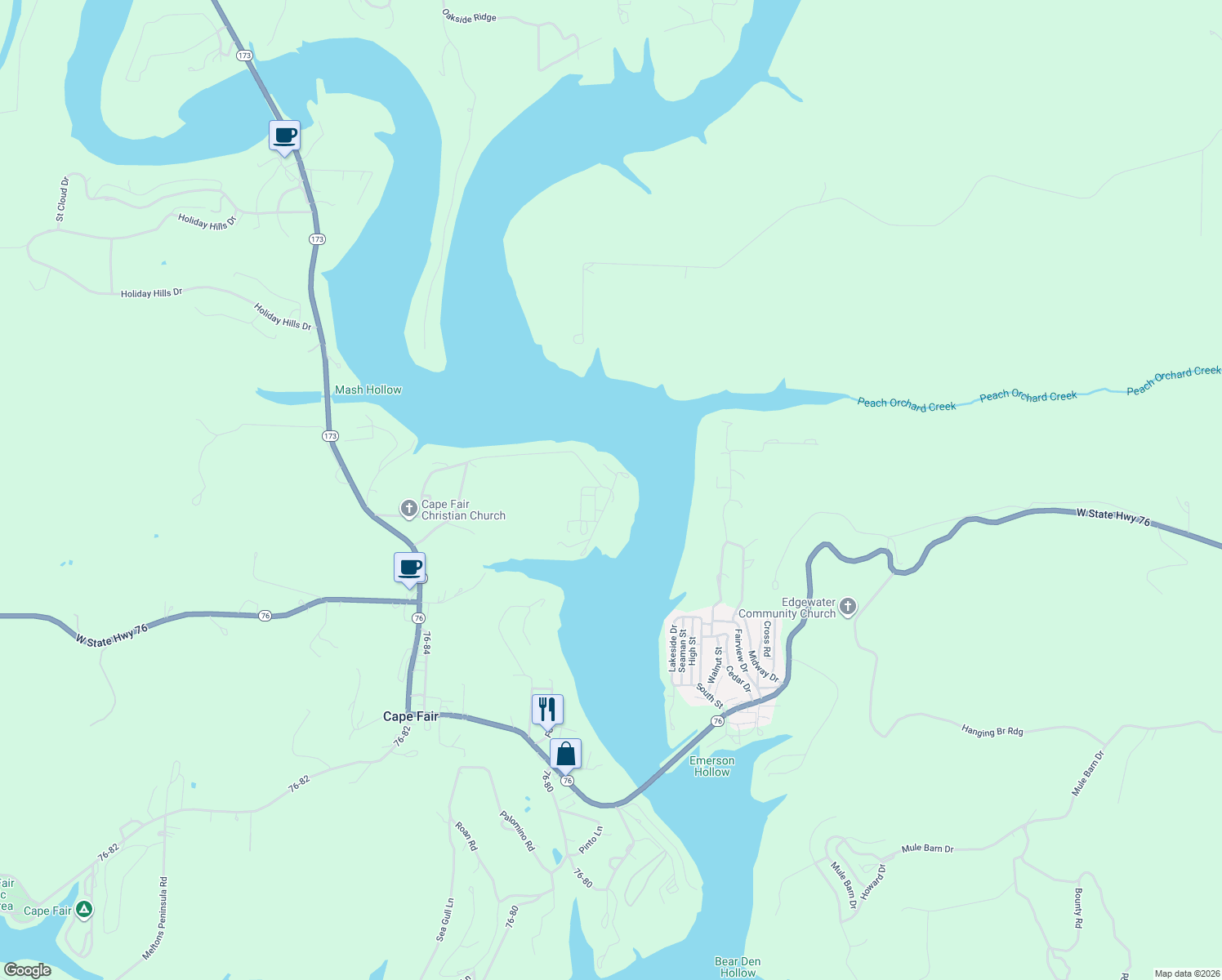 map of restaurants, bars, coffee shops, grocery stores, and more near 981 Blue Haven Trail in Cape Fair