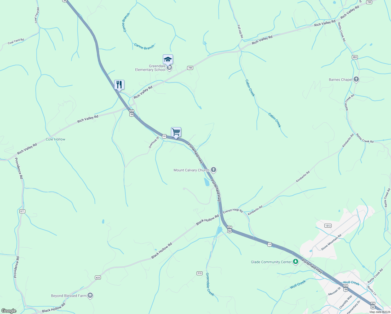 map of restaurants, bars, coffee shops, grocery stores, and more near 14462 Porterfield Highway in Abingdon