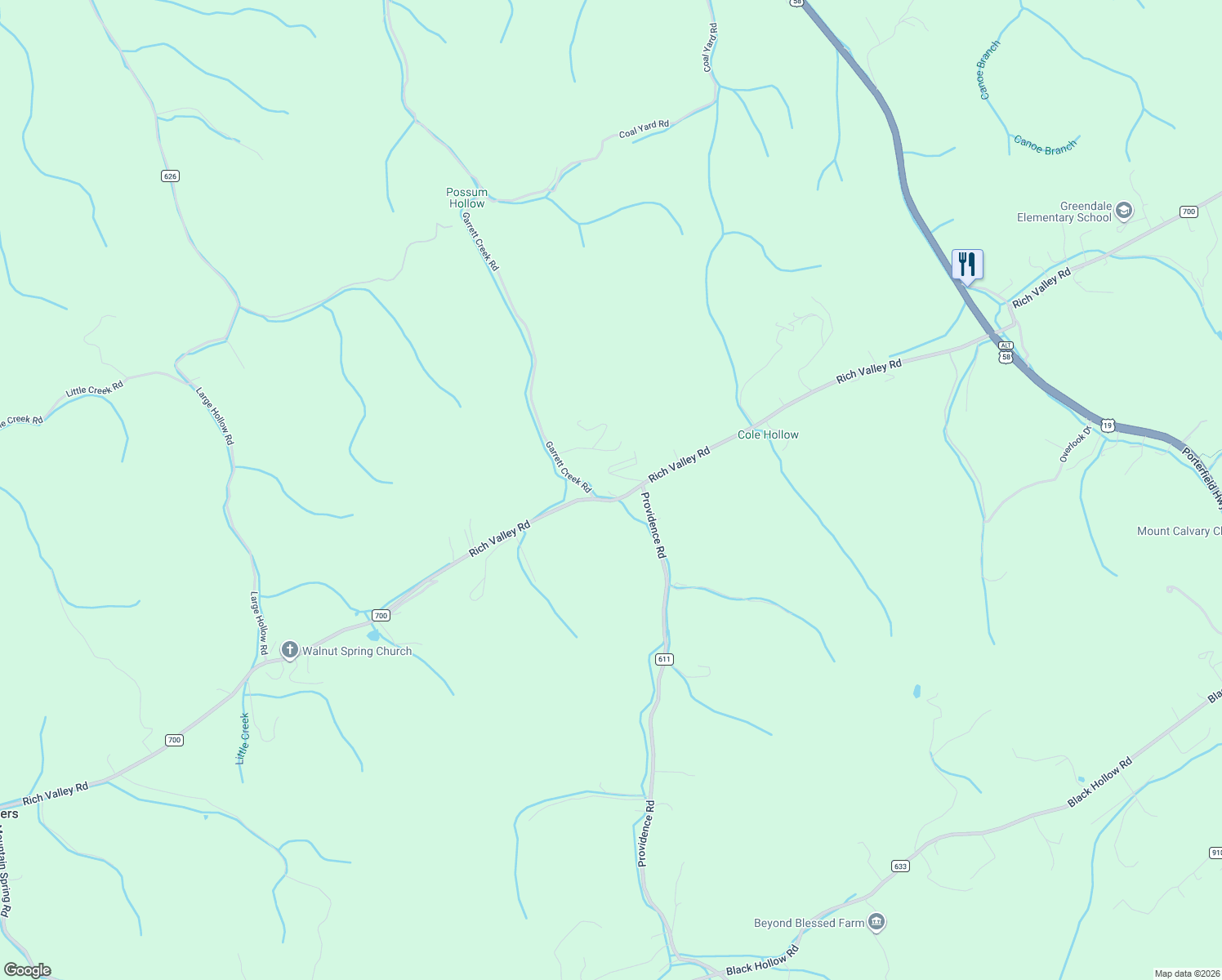 map of restaurants, bars, coffee shops, grocery stores, and more near 16389 Rich Valley Road in Abingdon