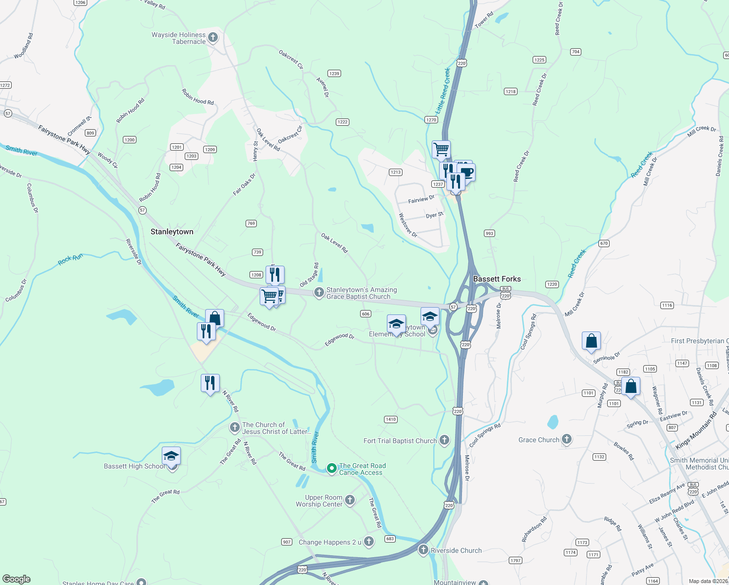 map of restaurants, bars, coffee shops, grocery stores, and more near 1421 Oak Level Road in Bassett