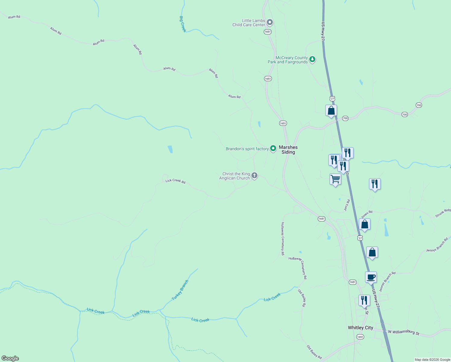 map of restaurants, bars, coffee shops, grocery stores, and more near Larry Heath Road in Whitley City