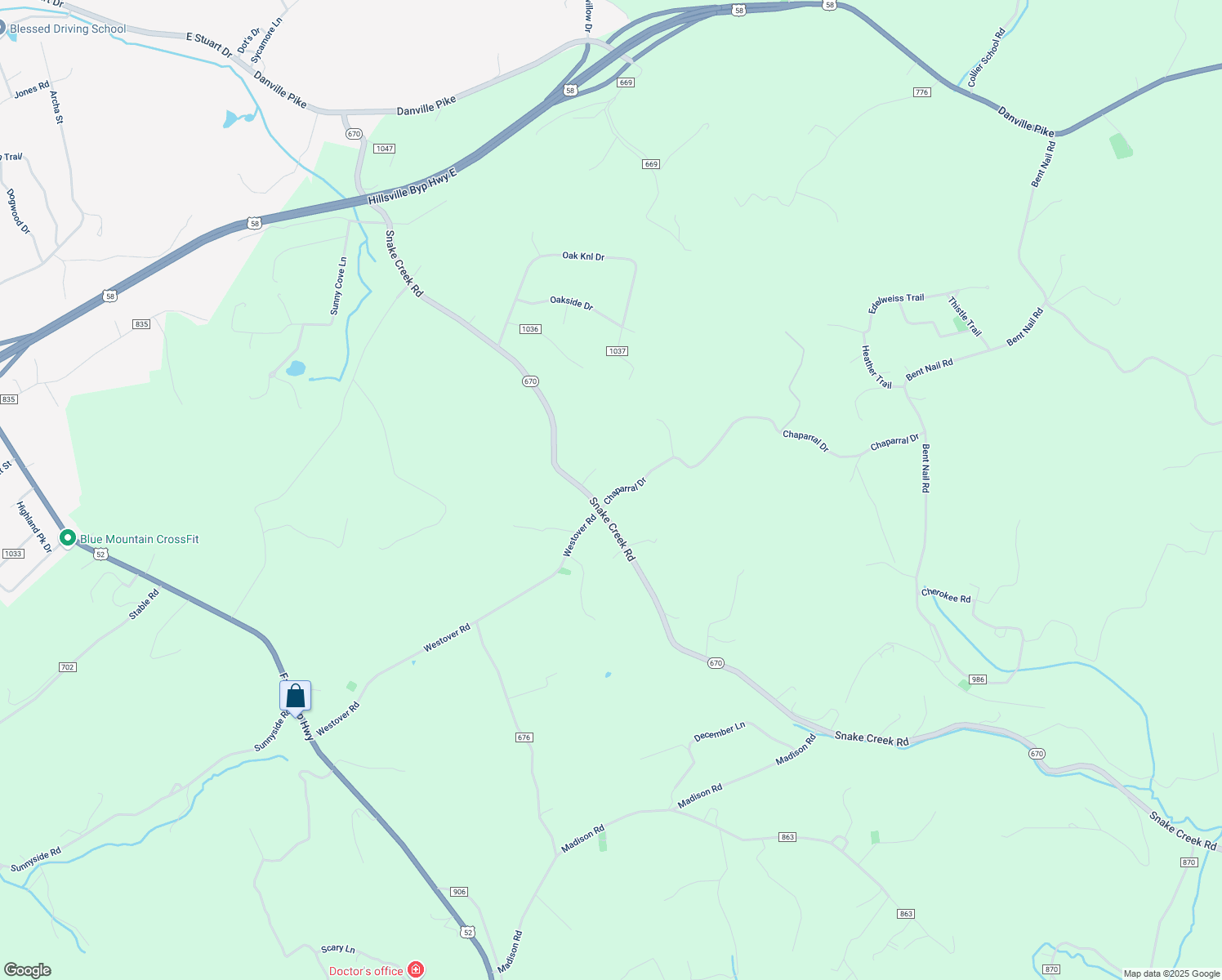 map of restaurants, bars, coffee shops, grocery stores, and more near 27-257 Chaparral Road in Hillsville