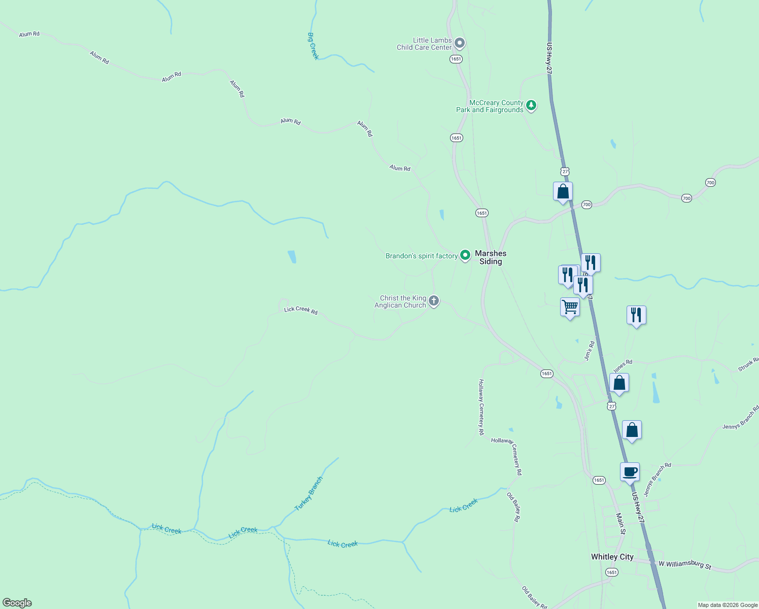 map of restaurants, bars, coffee shops, grocery stores, and more near Larry Heath Road in Whitley City
