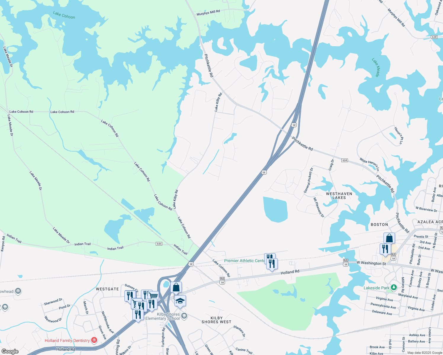map of restaurants, bars, coffee shops, grocery stores, and more near 1325 Pitchkettle Farm Ln in Suffolk