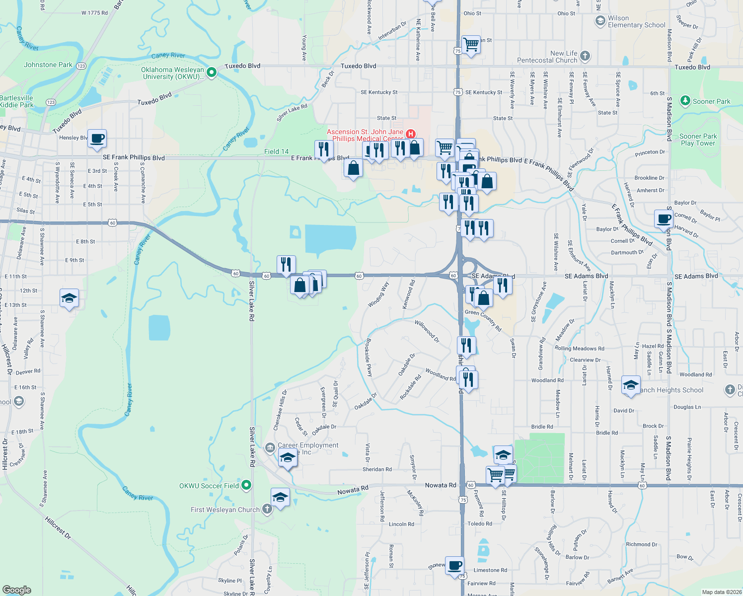 map of restaurants, bars, coffee shops, grocery stores, and more near 801 Winding Way in Bartlesville