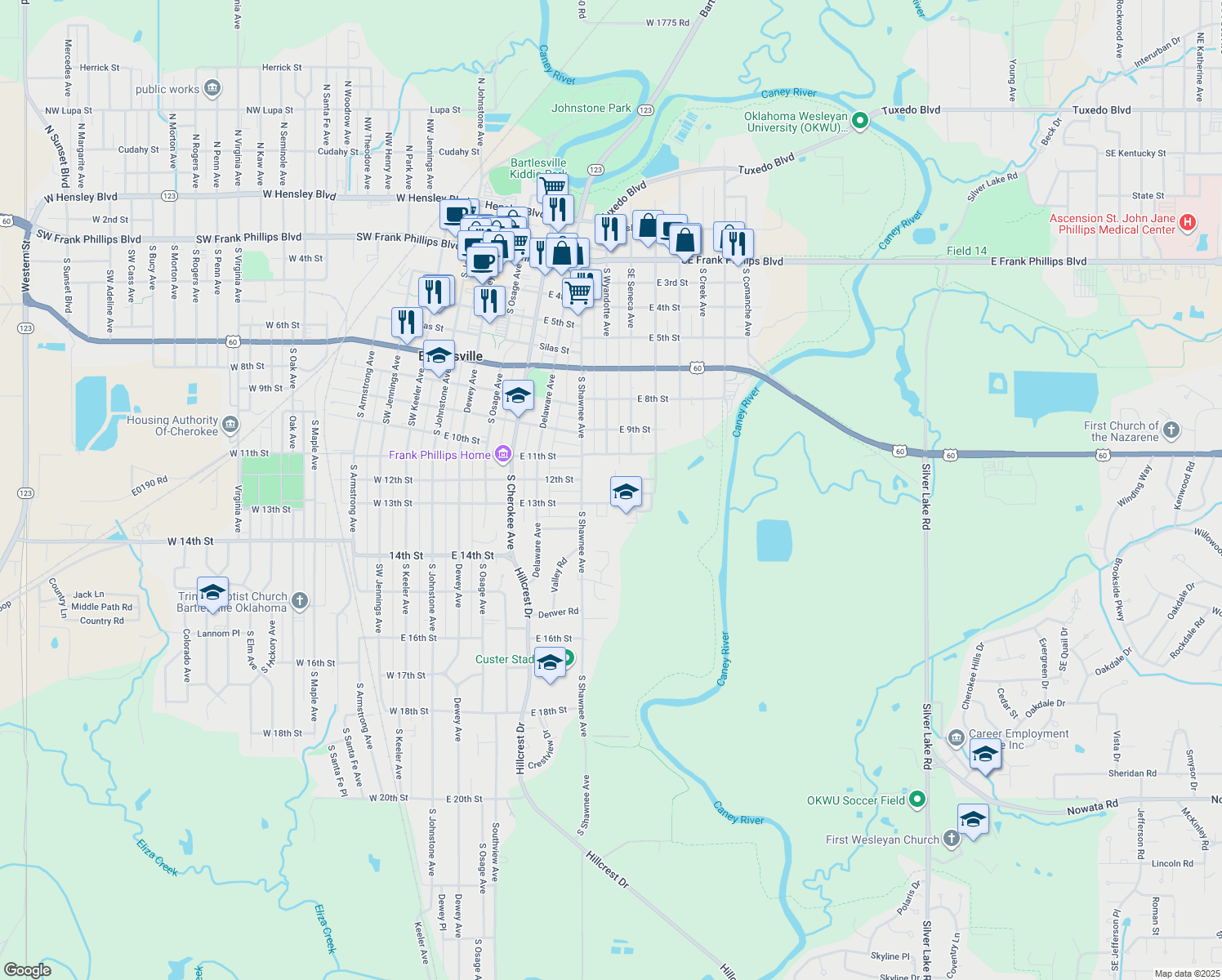 map of restaurants, bars, coffee shops, grocery stores, and more near 1225 Garden Drive in Bartlesville