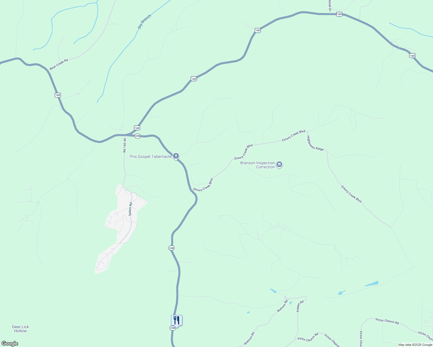 map of restaurants, bars, coffee shops, grocery stores, and more near 434 Emory Creek Boulevard in Branson