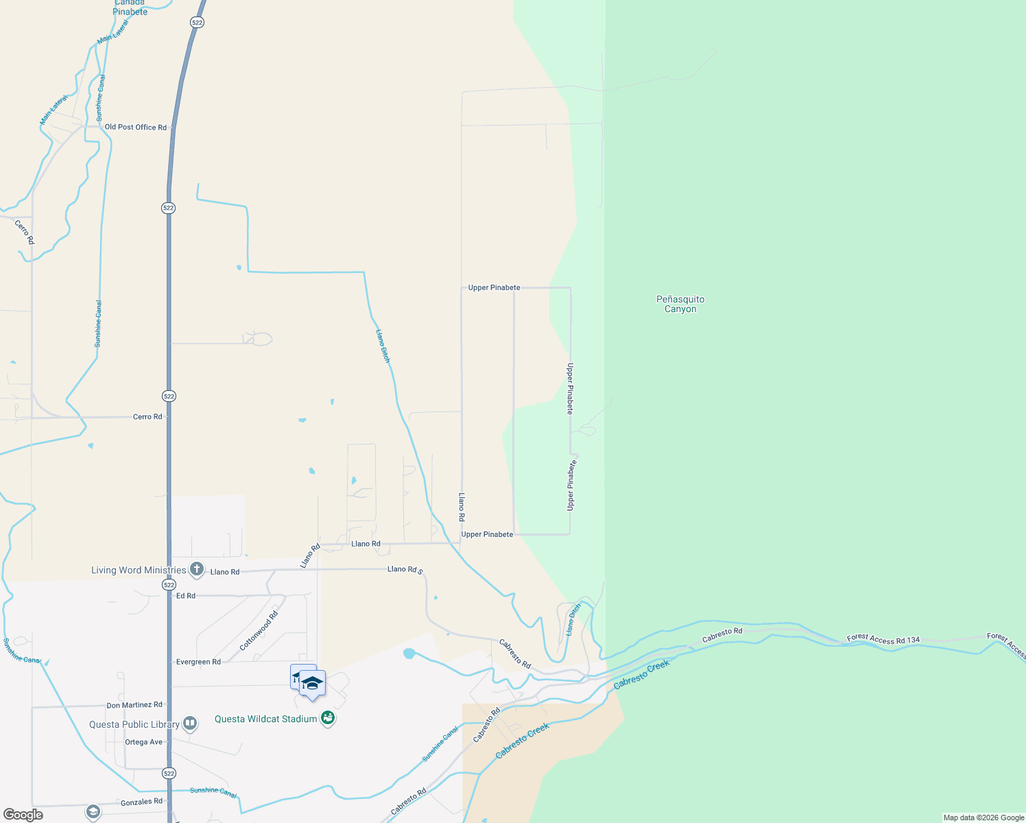map of restaurants, bars, coffee shops, grocery stores, and more near Lower Pinabete in Questa