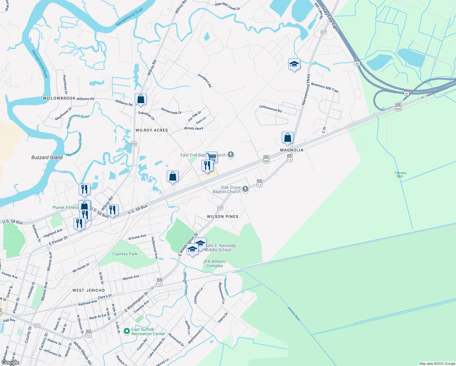 map of restaurants, bars, coffee shops, grocery stores, and more near 2620 Riddick Drive in Suffolk