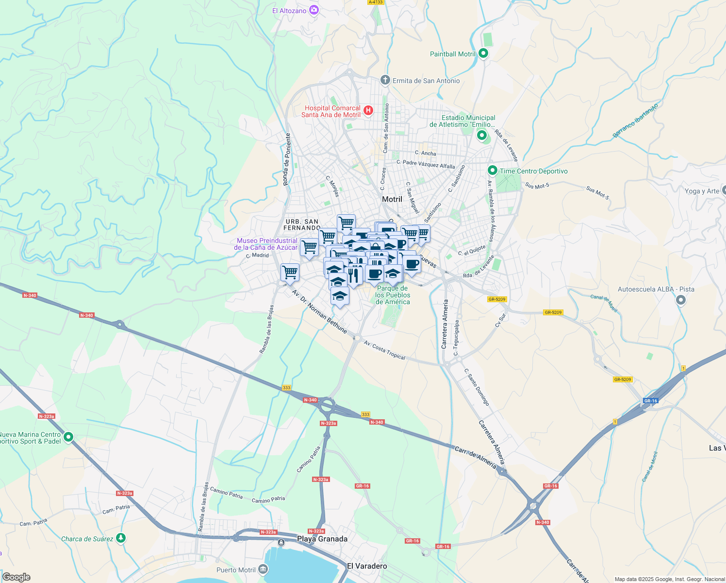 map of restaurants, bars, coffee shops, grocery stores, and more near 4 Calle Jacinto Benavente in Motril