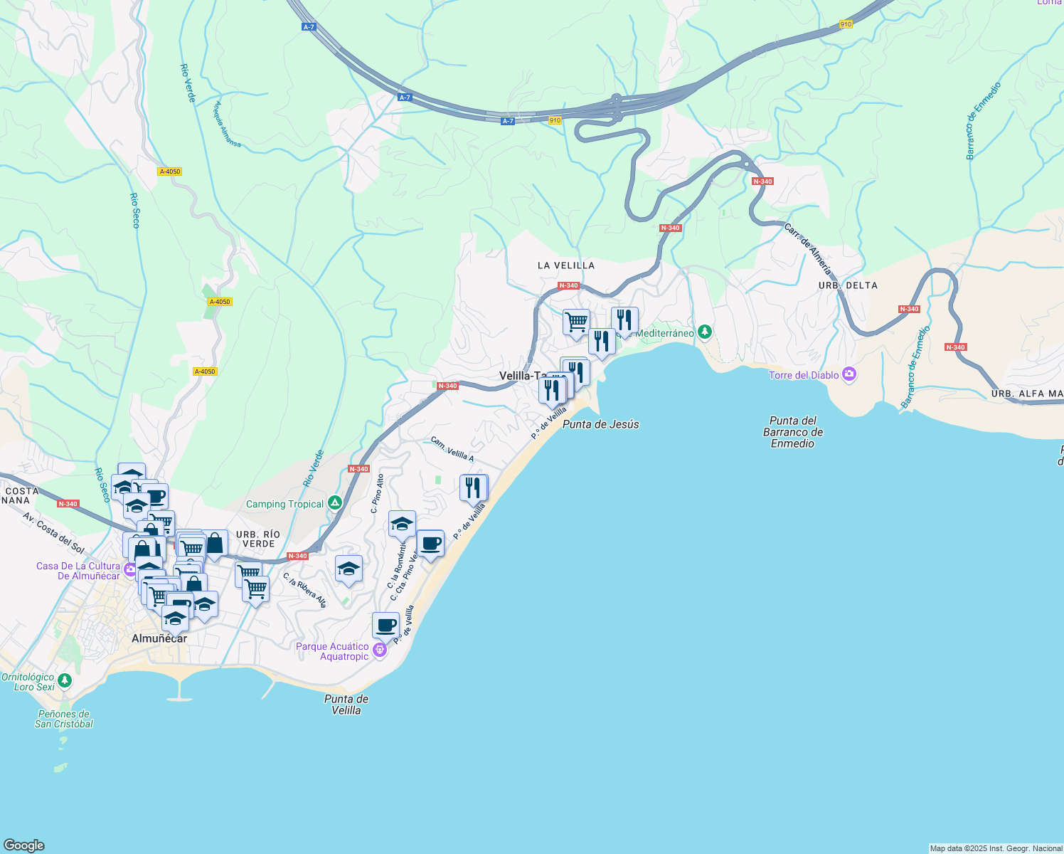map of restaurants, bars, coffee shops, grocery stores, and more near 2 Calle Huerta Velilla in Almuñécar