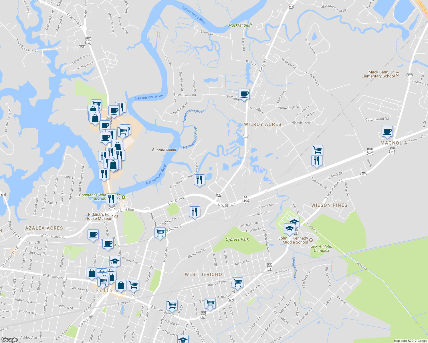 map of restaurants, bars, coffee shops, grocery stores, and more near 921 Macarthur Drive in Suffolk