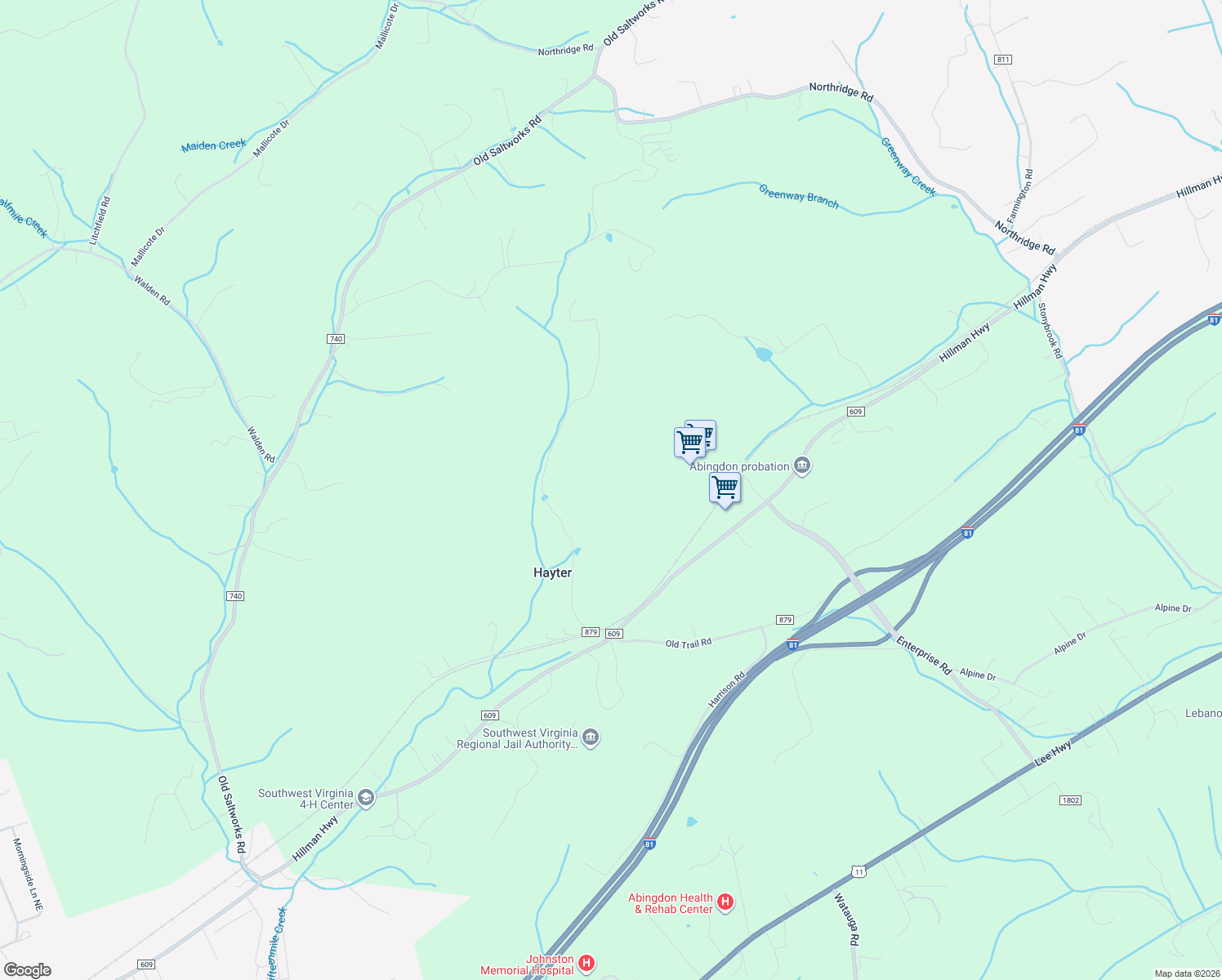 map of restaurants, bars, coffee shops, grocery stores, and more near 14401 Bailey Drive in Abingdon
