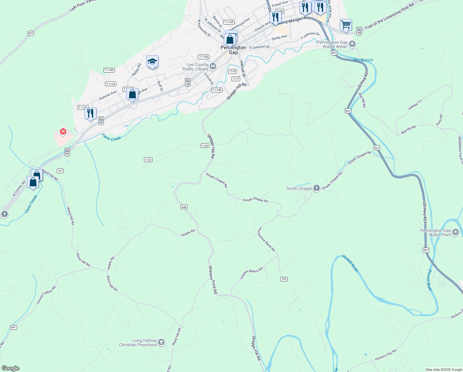 map of restaurants, bars, coffee shops, grocery stores, and more near State Road 641 in Pennington Gap