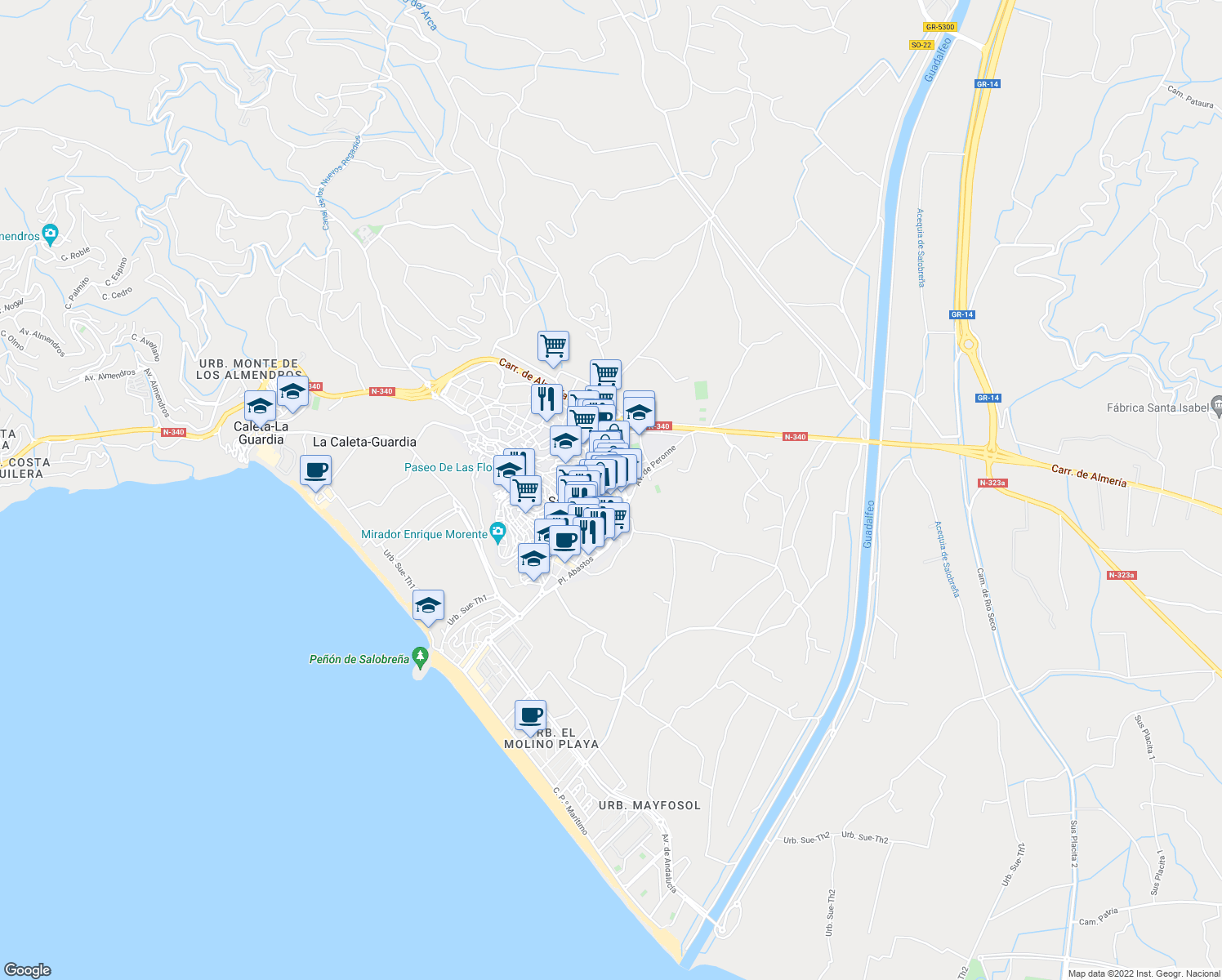 map of restaurants, bars, coffee shops, grocery stores, and more near 3 Avenida Federico García Lorca in Salobreña