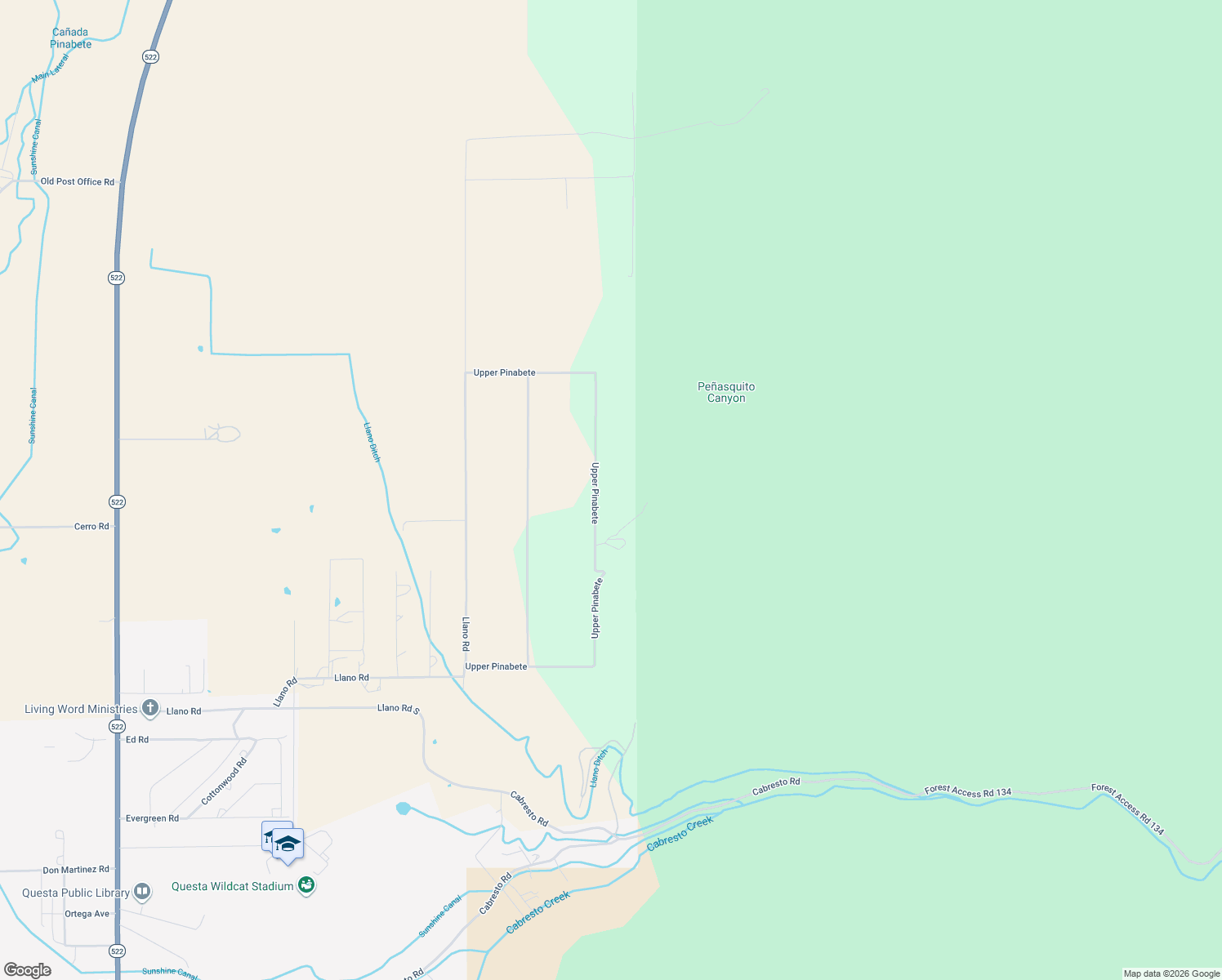 map of restaurants, bars, coffee shops, grocery stores, and more near 89 Upper Pinabete in Questa