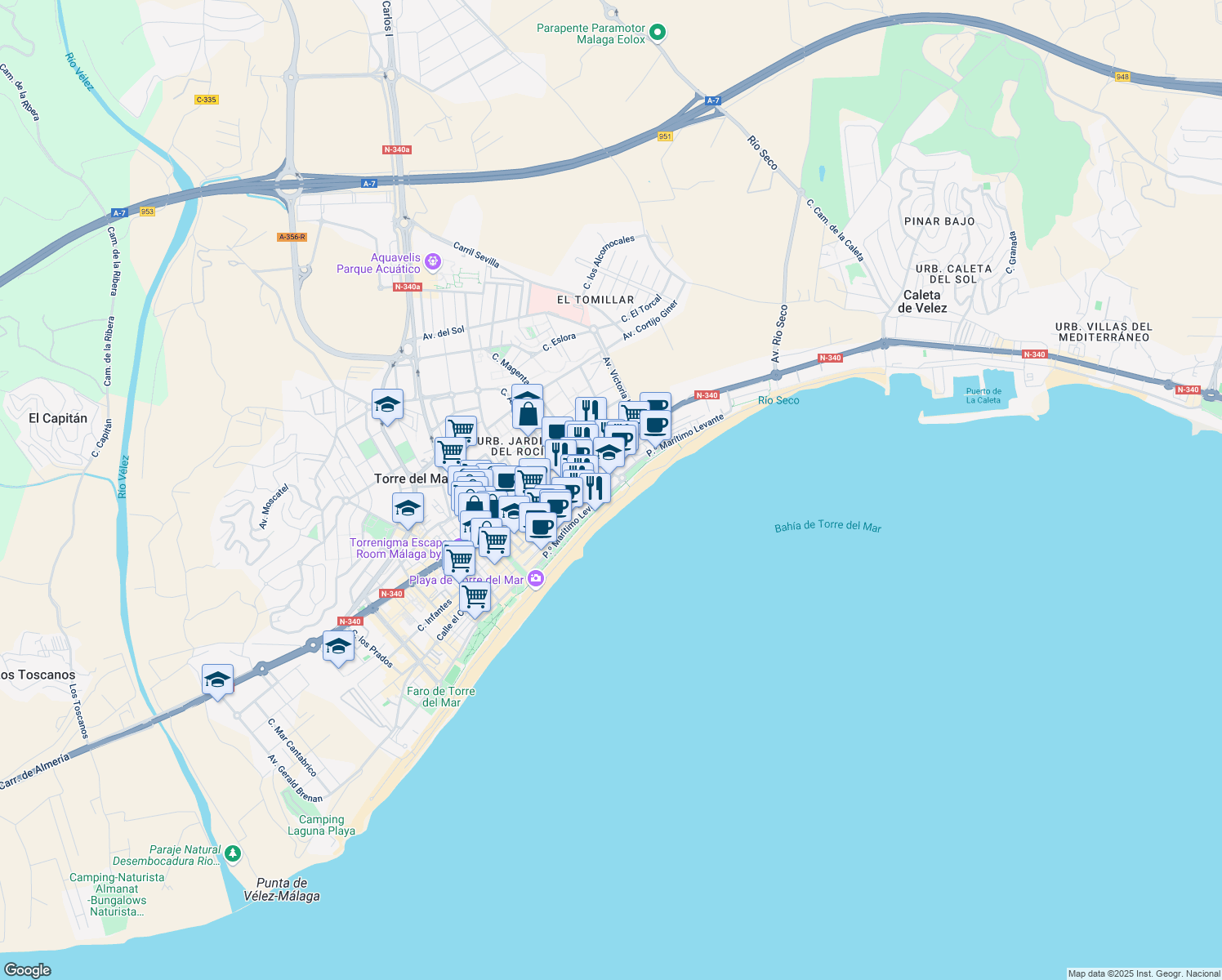 map of restaurants, bars, coffee shops, grocery stores, and more near 20 Calle Rodrigo Vivar in Torre del Mar