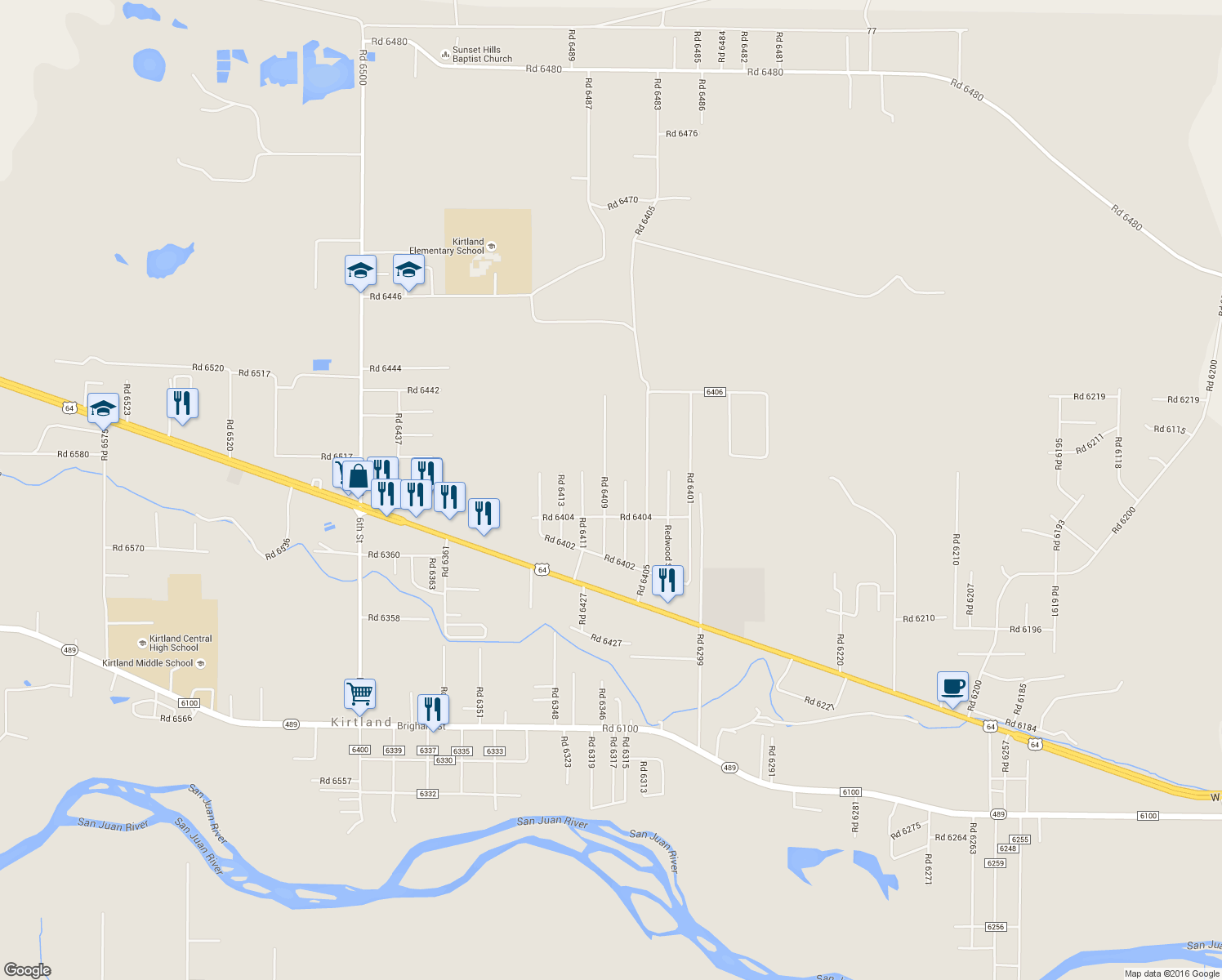 map of restaurants, bars, coffee shops, grocery stores, and more near 28 Road 6409 in Kirtland
