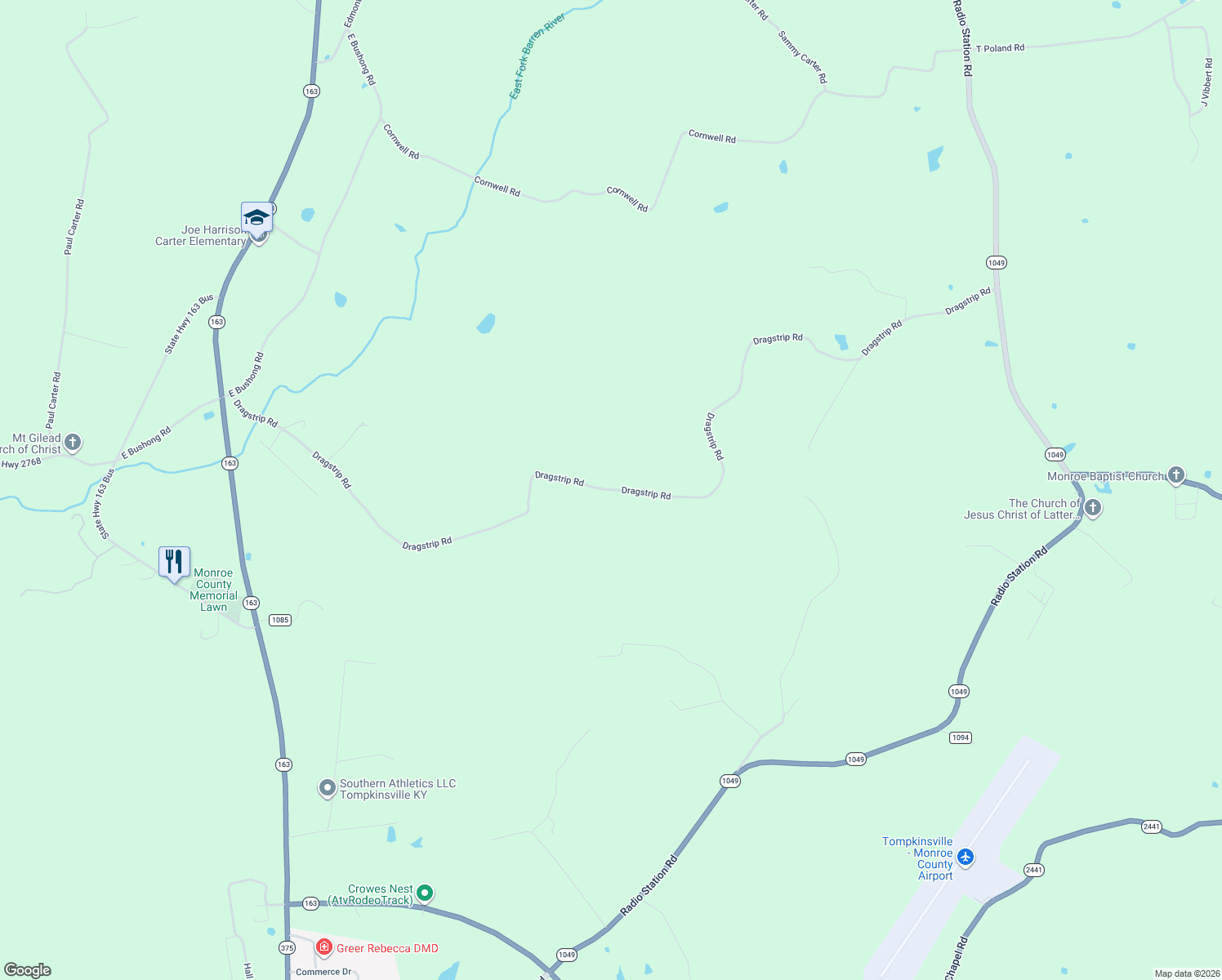 map of restaurants, bars, coffee shops, grocery stores, and more near 1442 Dragstrip Road in Tompkinsville