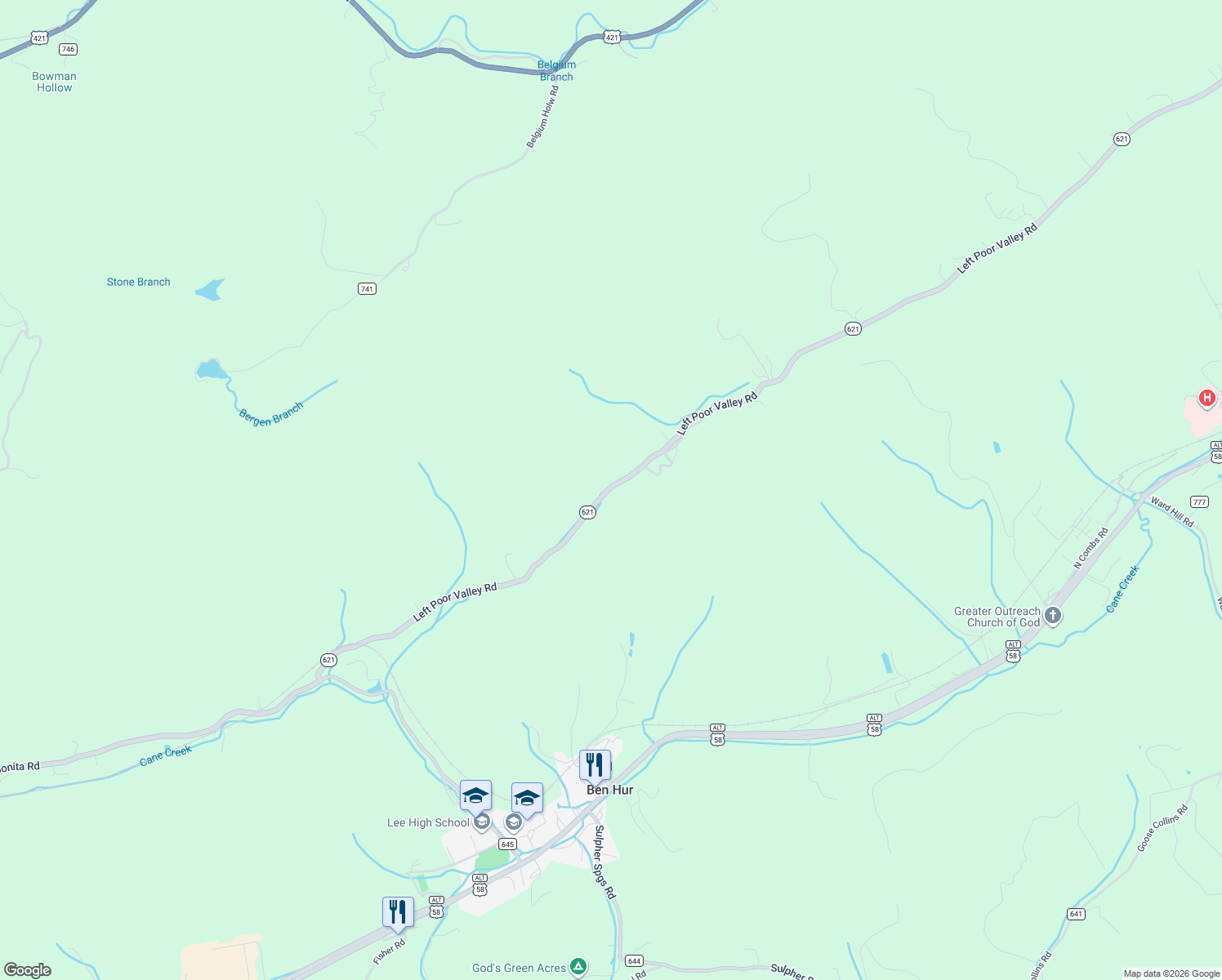 map of restaurants, bars, coffee shops, grocery stores, and more near 3427 Left Poor Valley Road in Pennington Gap