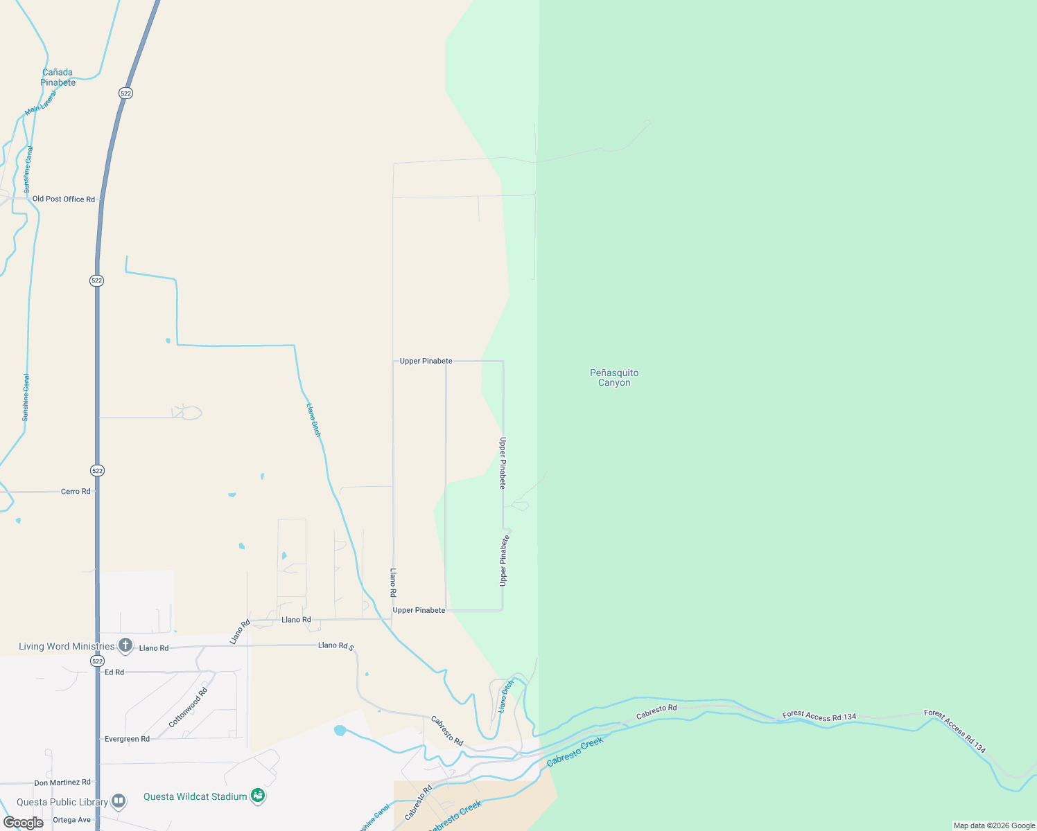 map of restaurants, bars, coffee shops, grocery stores, and more near Upper Pinabete in Questa