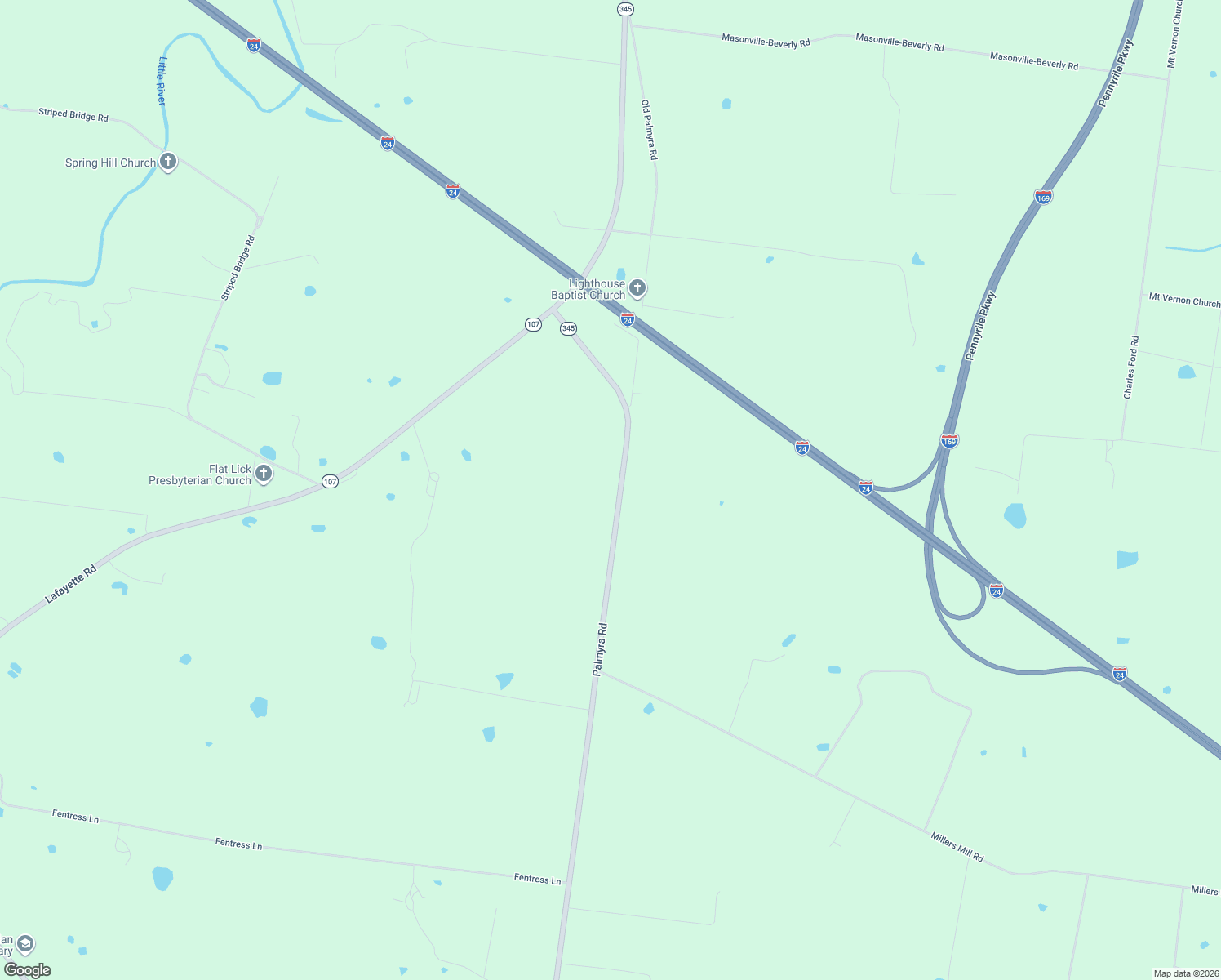 map of restaurants, bars, coffee shops, grocery stores, and more near 8956 Palmyra Road in Oak Grove