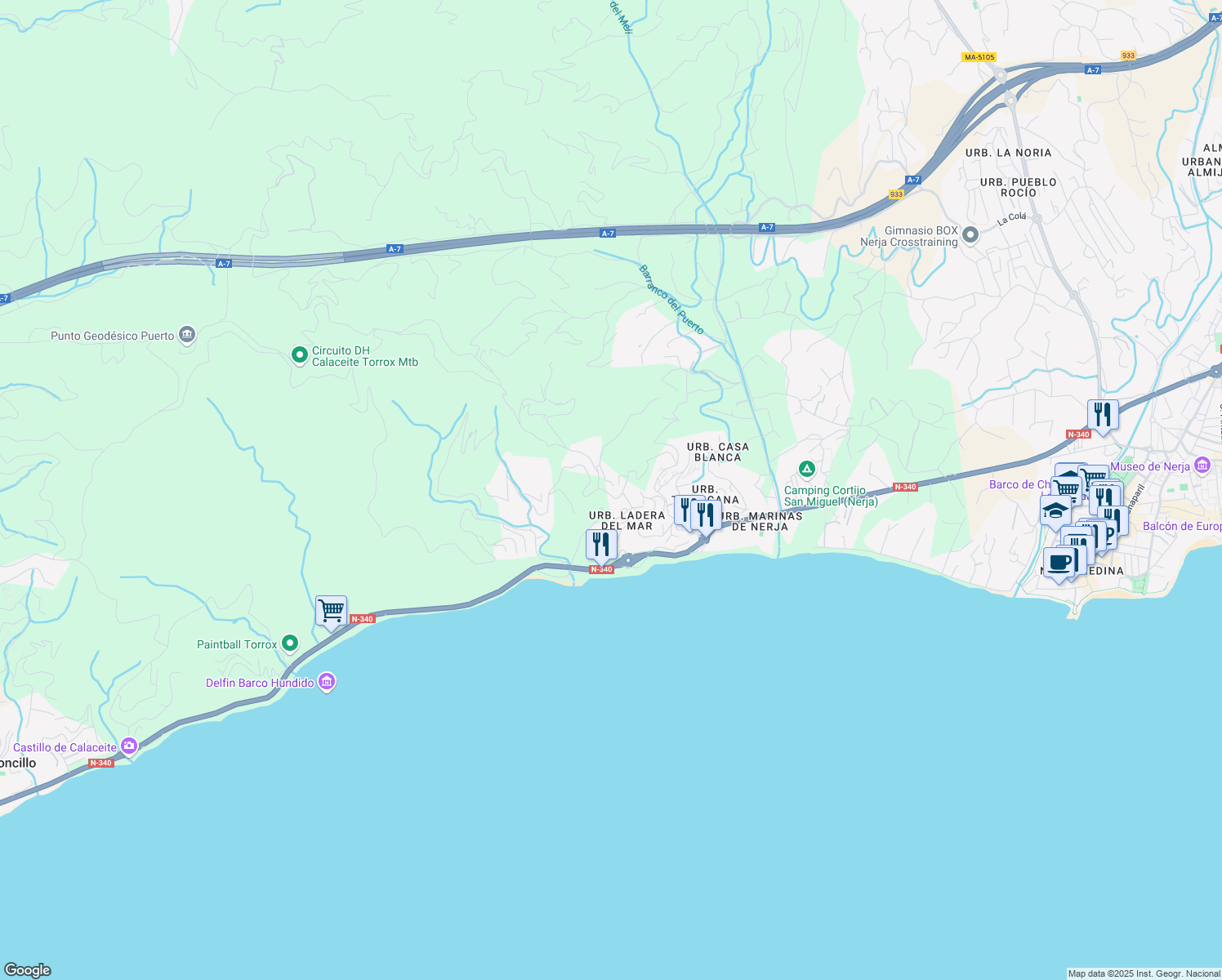 map of restaurants, bars, coffee shops, grocery stores, and more near 7 Punta Lara in Nerja