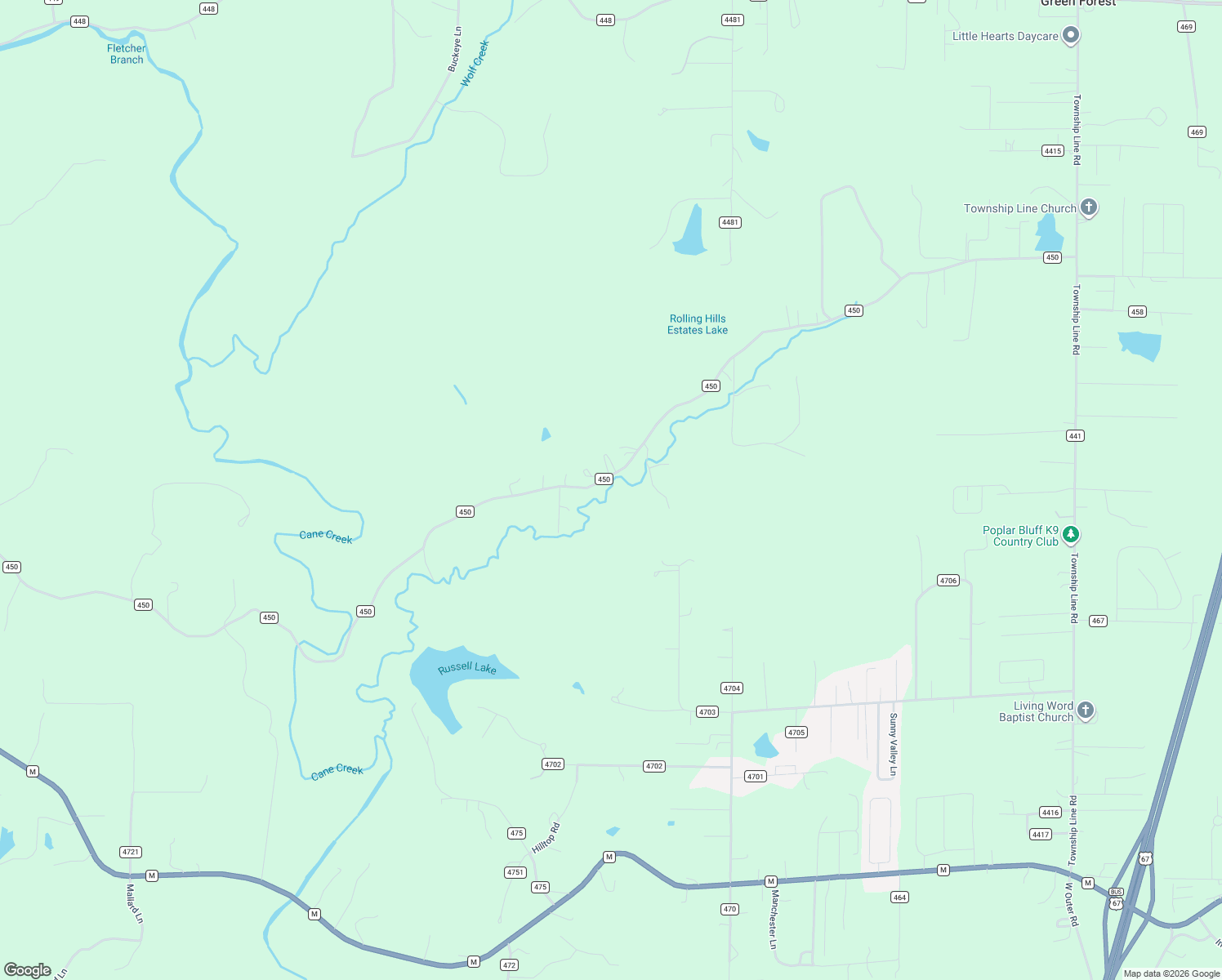 map of restaurants, bars, coffee shops, grocery stores, and more near 4150 County Road 450 in Poplar Bluff