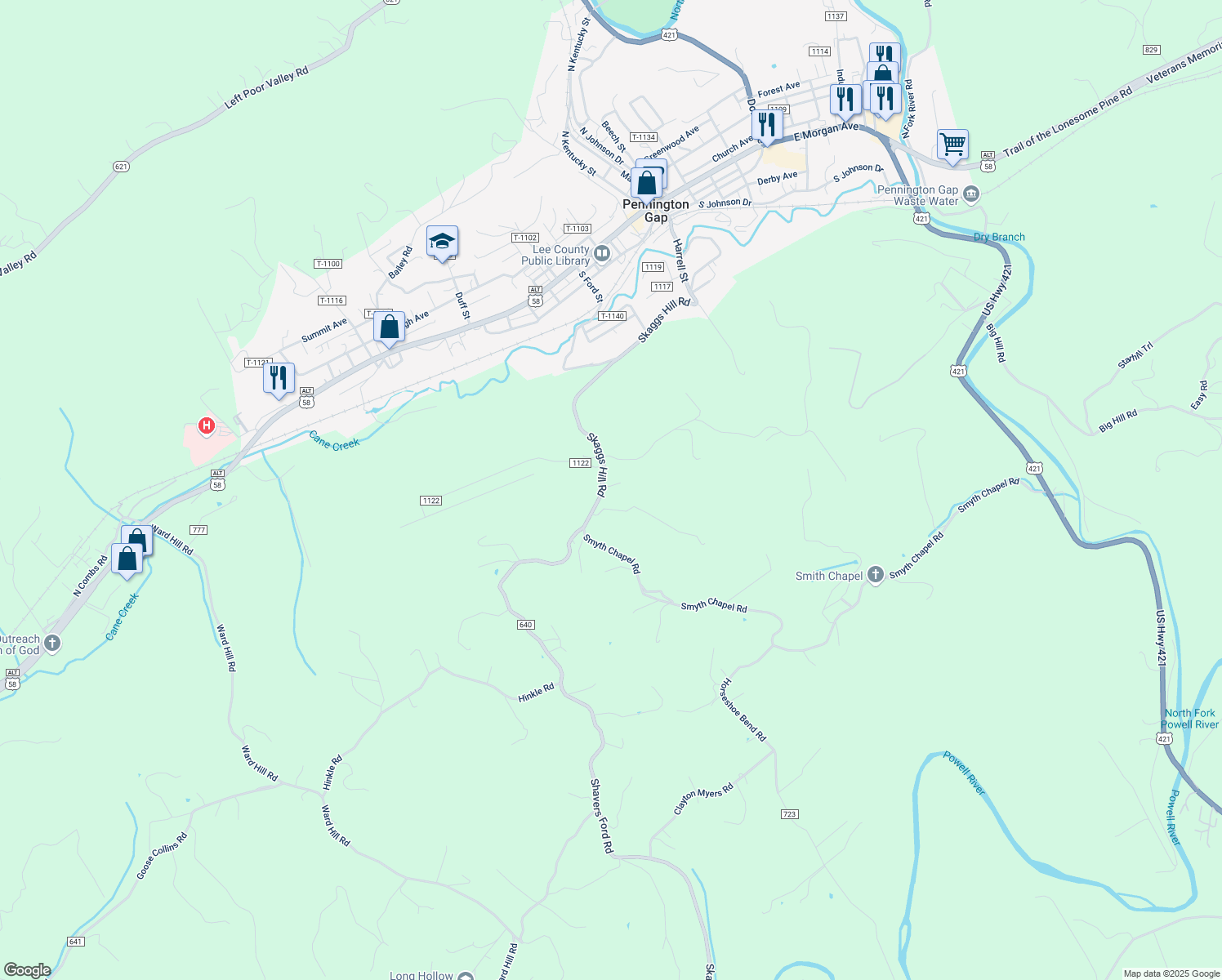 map of restaurants, bars, coffee shops, grocery stores, and more near Skaggs Hill Road in Pennington Gap
