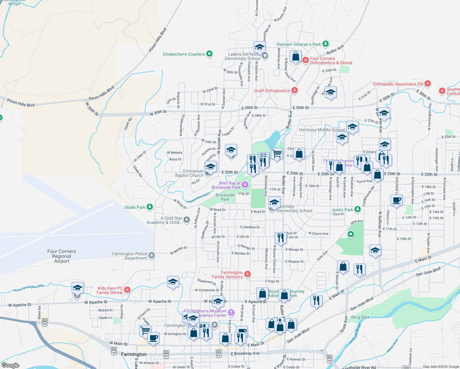 map of restaurants, bars, coffee shops, grocery stores, and more near 1804 Brookside Drive in Farmington