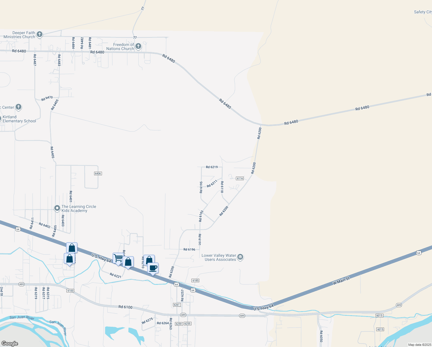 map of restaurants, bars, coffee shops, grocery stores, and more near 18 Road 6217 in Kirtland