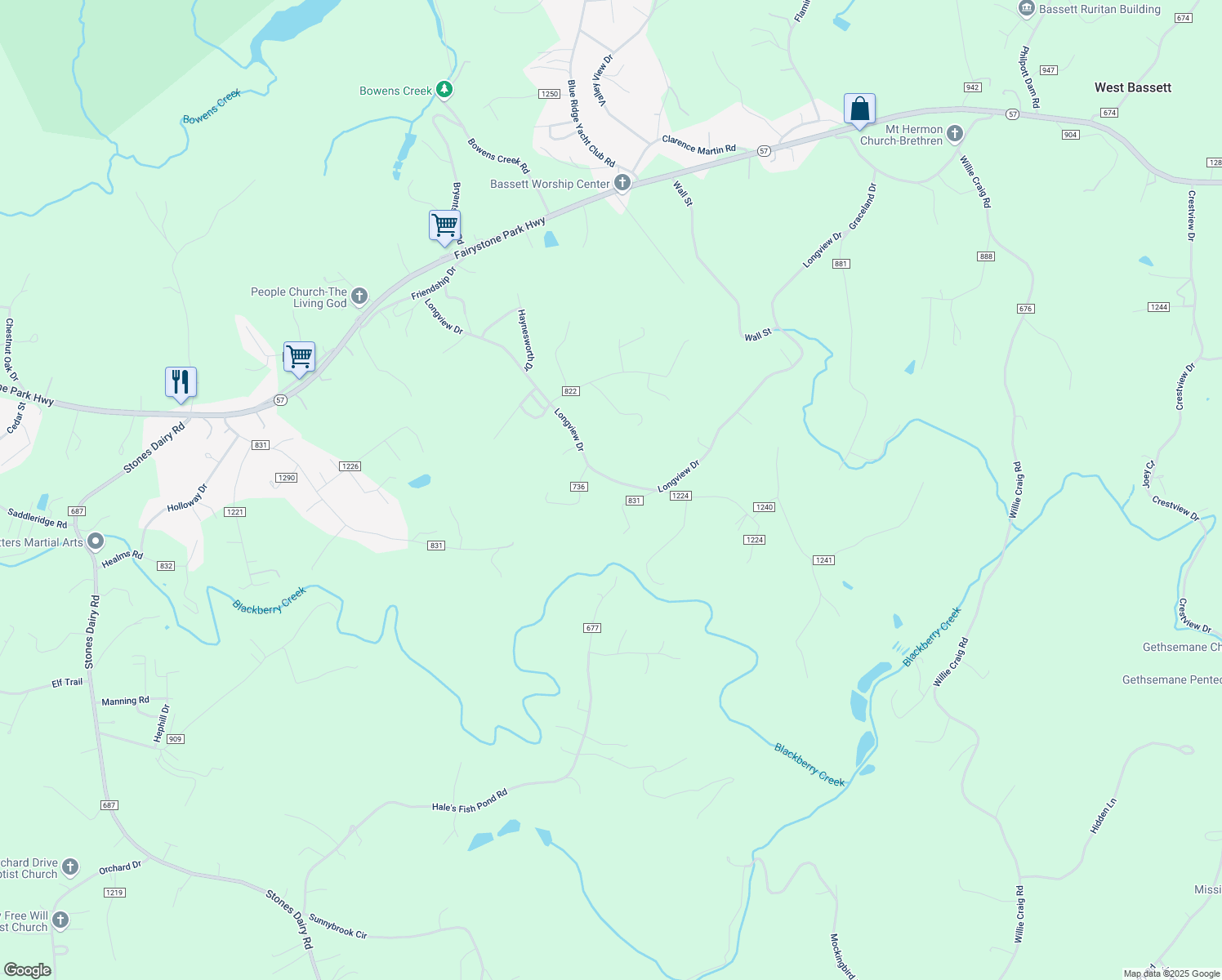 map of restaurants, bars, coffee shops, grocery stores, and more near Fairmont Drive in Bassett