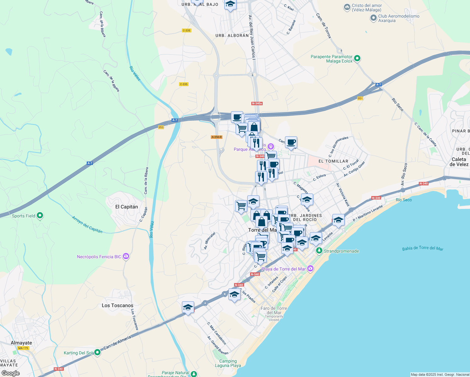 map of restaurants, bars, coffee shops, grocery stores, and more near 3 Calle Alicante in Vélez-Málaga