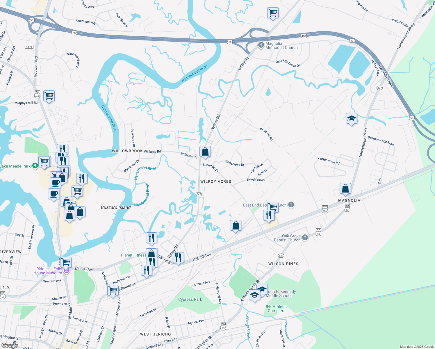 map of restaurants, bars, coffee shops, grocery stores, and more near 317 Suburban Drive in Suffolk