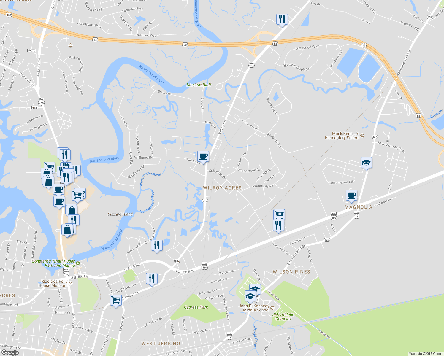 map of restaurants, bars, coffee shops, grocery stores, and more near 321 Suburban Drive in Suffolk