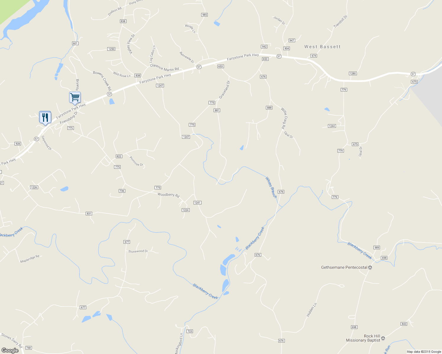 map of restaurants, bars, coffee shops, grocery stores, and more near 883 Graceland Dr in Bassett