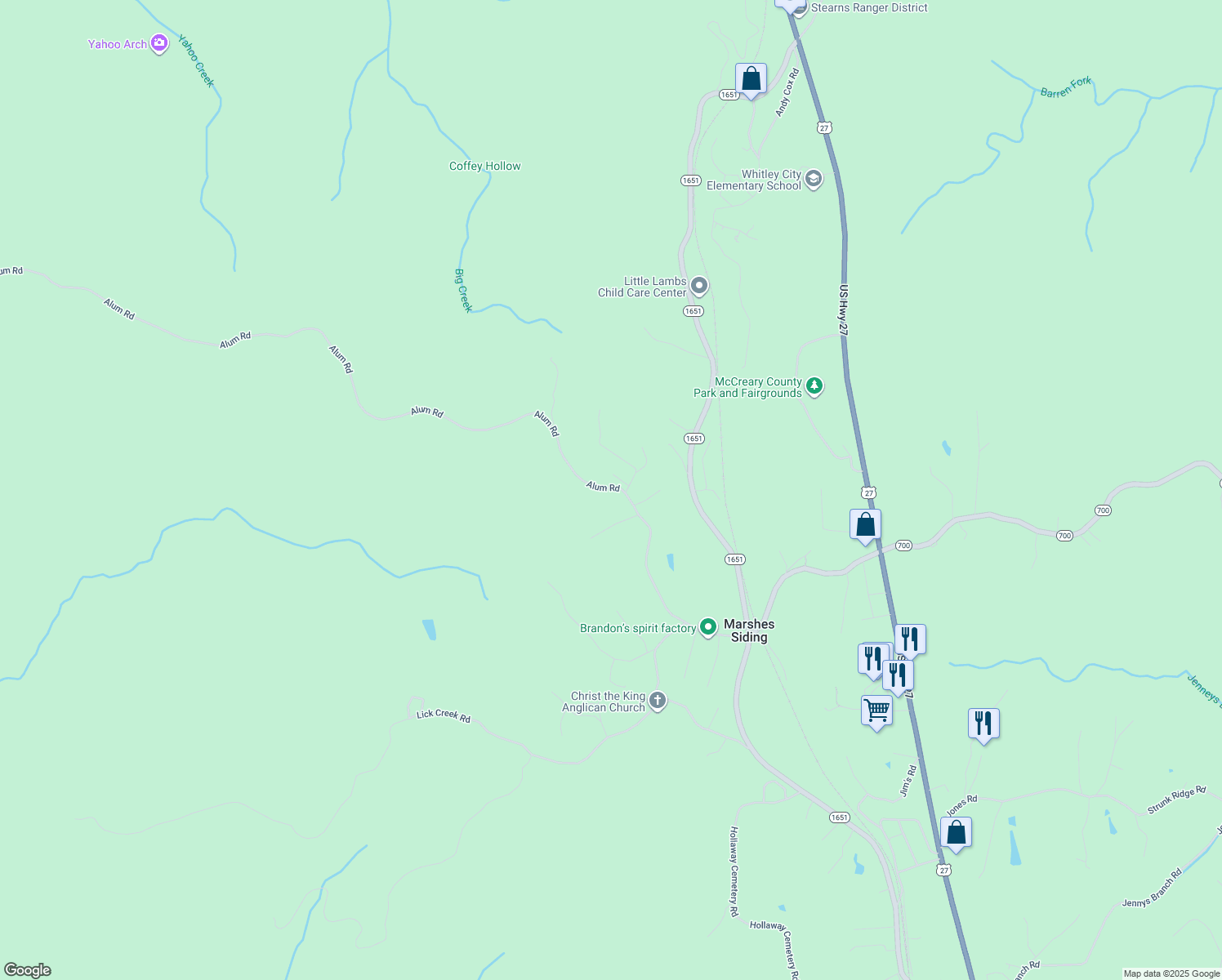 map of restaurants, bars, coffee shops, grocery stores, and more near Fanchester Spur in Whitley City