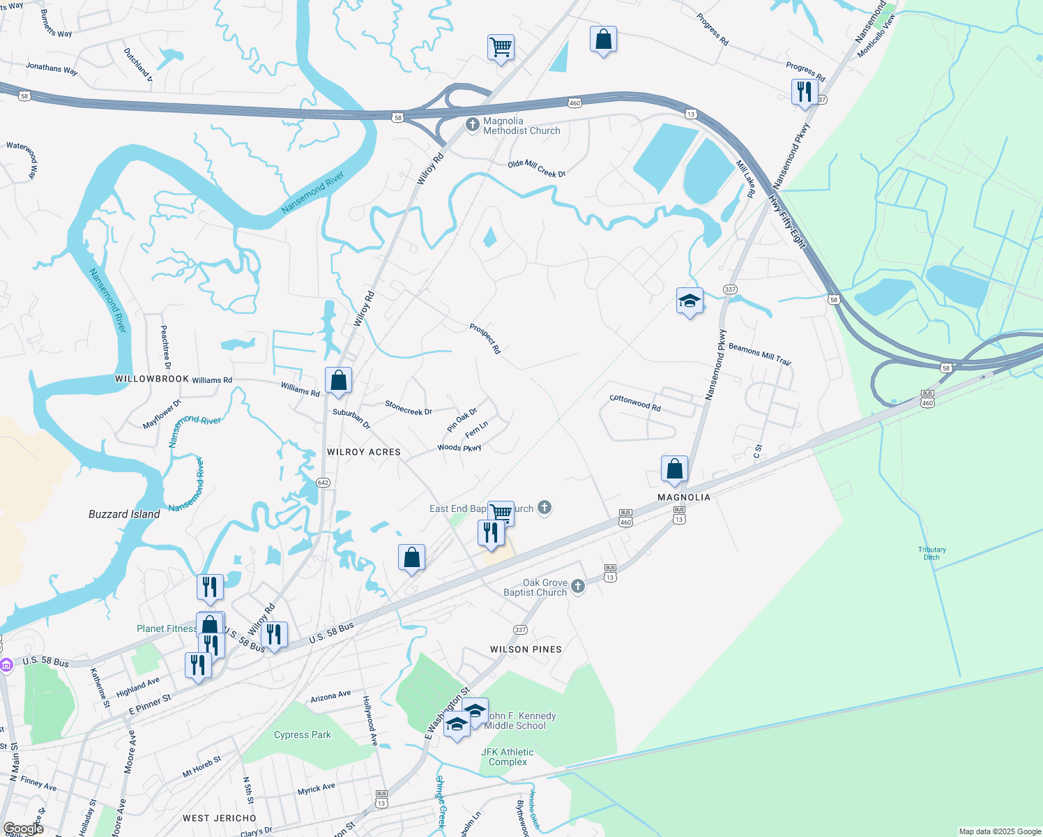 map of restaurants, bars, coffee shops, grocery stores, and more near 1144 Woods Parkway in Suffolk