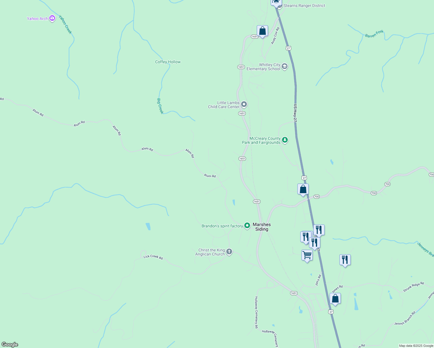 map of restaurants, bars, coffee shops, grocery stores, and more near Fanchester Spur in McCreary County