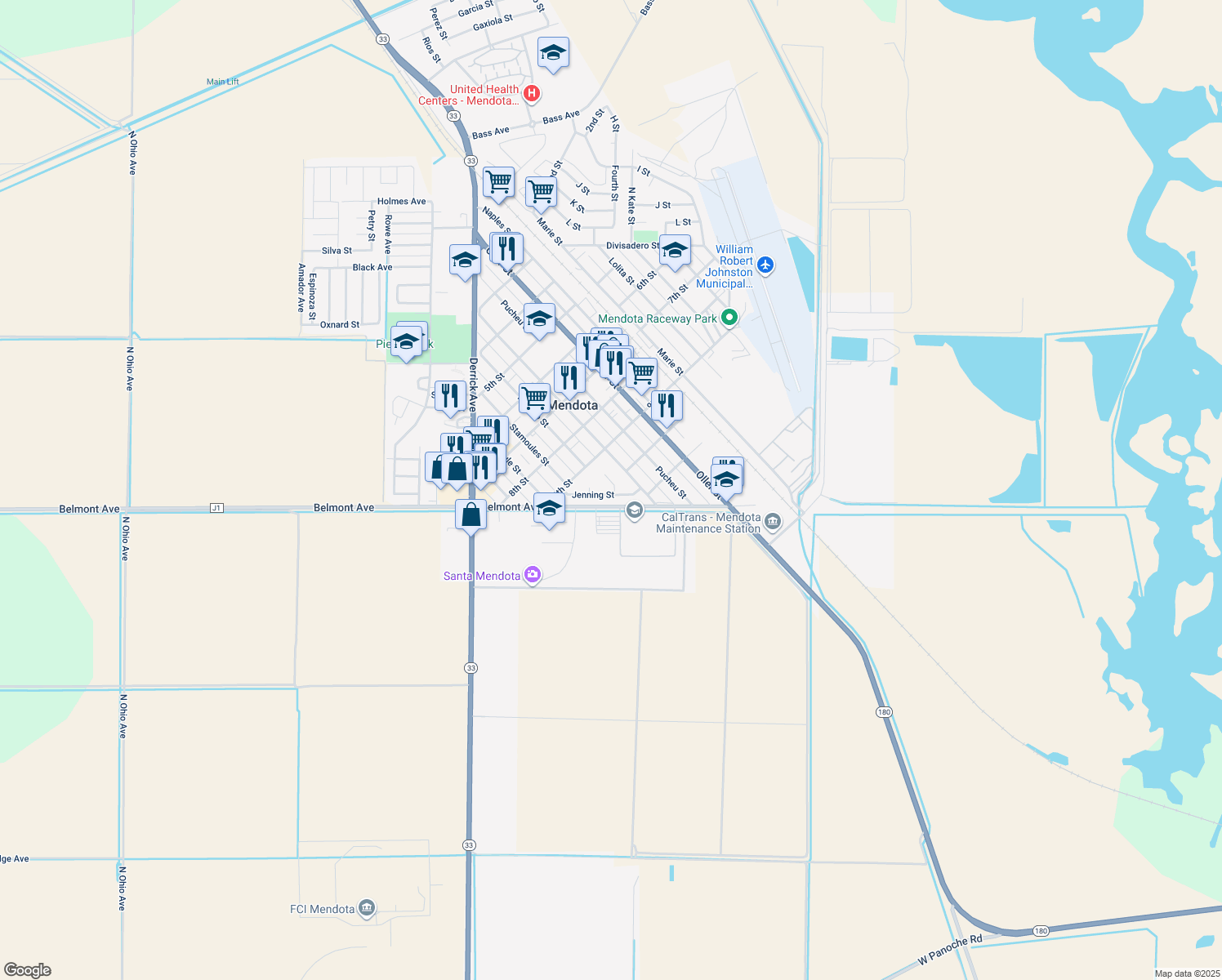 map of restaurants, bars, coffee shops, grocery stores, and more near 968 Rio Frio Street in Mendota
