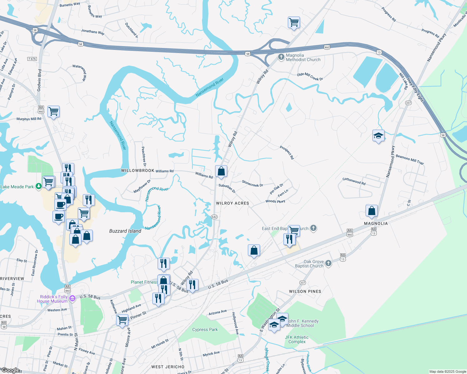 map of restaurants, bars, coffee shops, grocery stores, and more near 2001 Redgate Dr in Suffolk