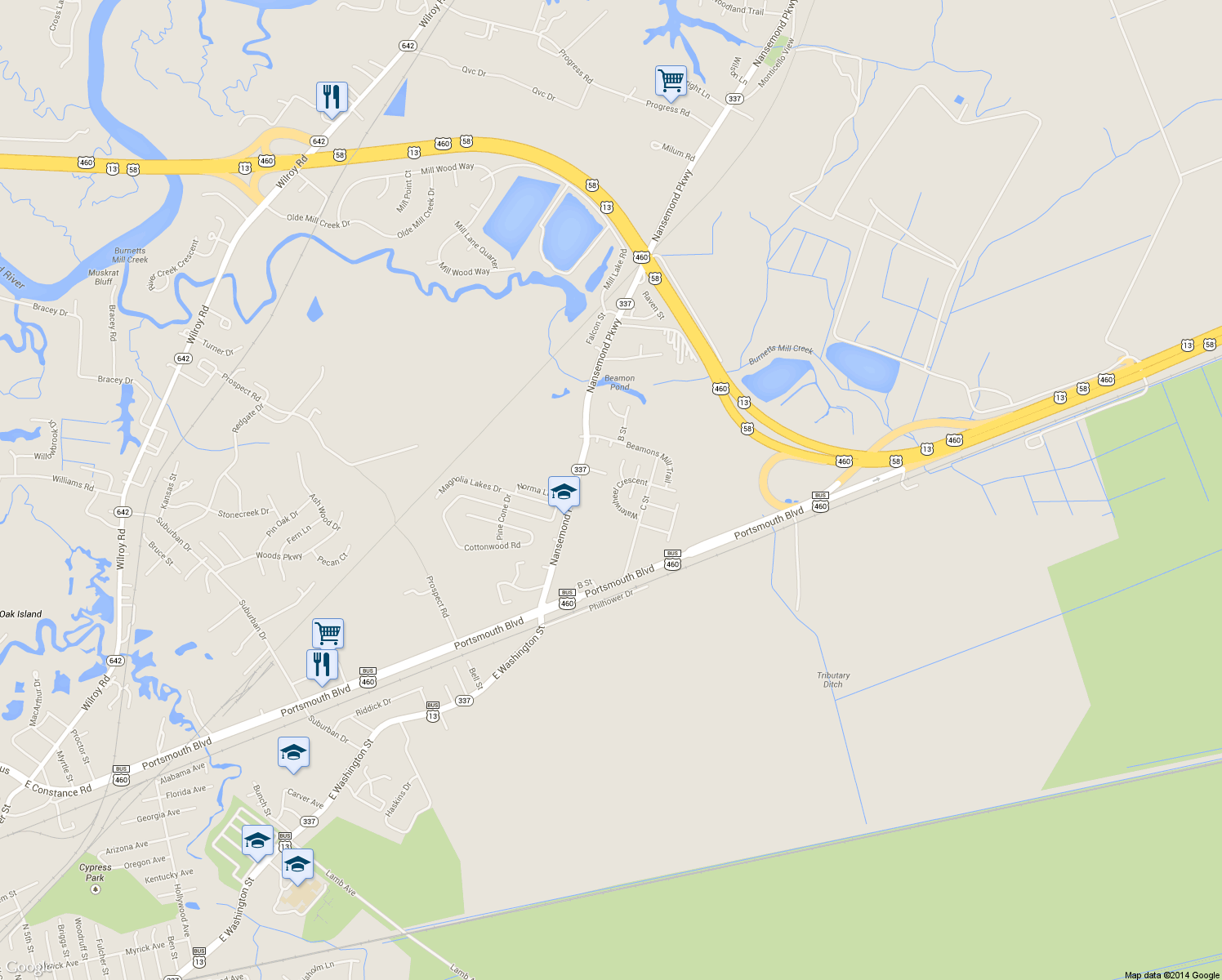 map of restaurants, bars, coffee shops, grocery stores, and more near 412 Waterwheel Crescent in Suffolk