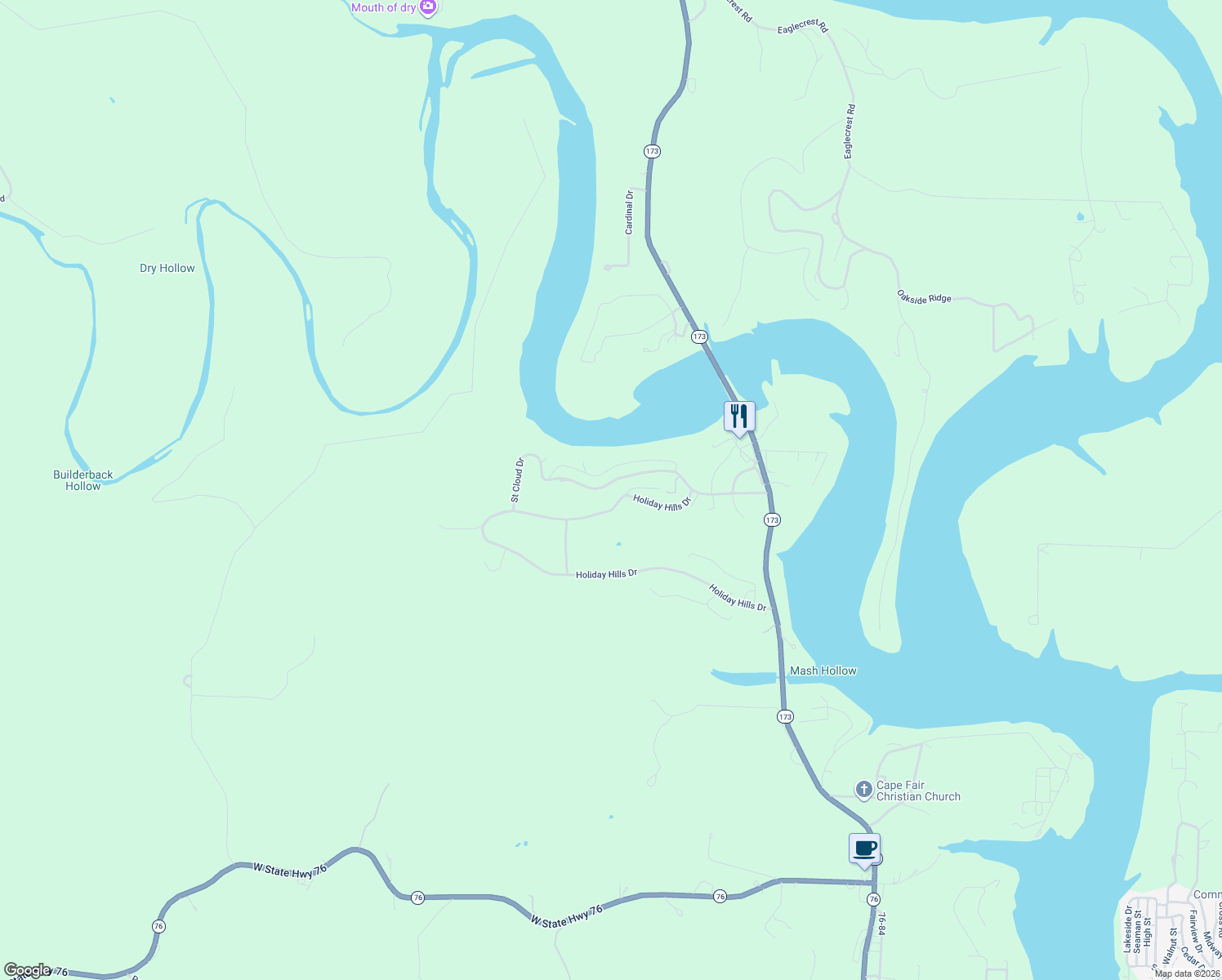 map of restaurants, bars, coffee shops, grocery stores, and more near 495 St Cloud Dr in Cape Fair