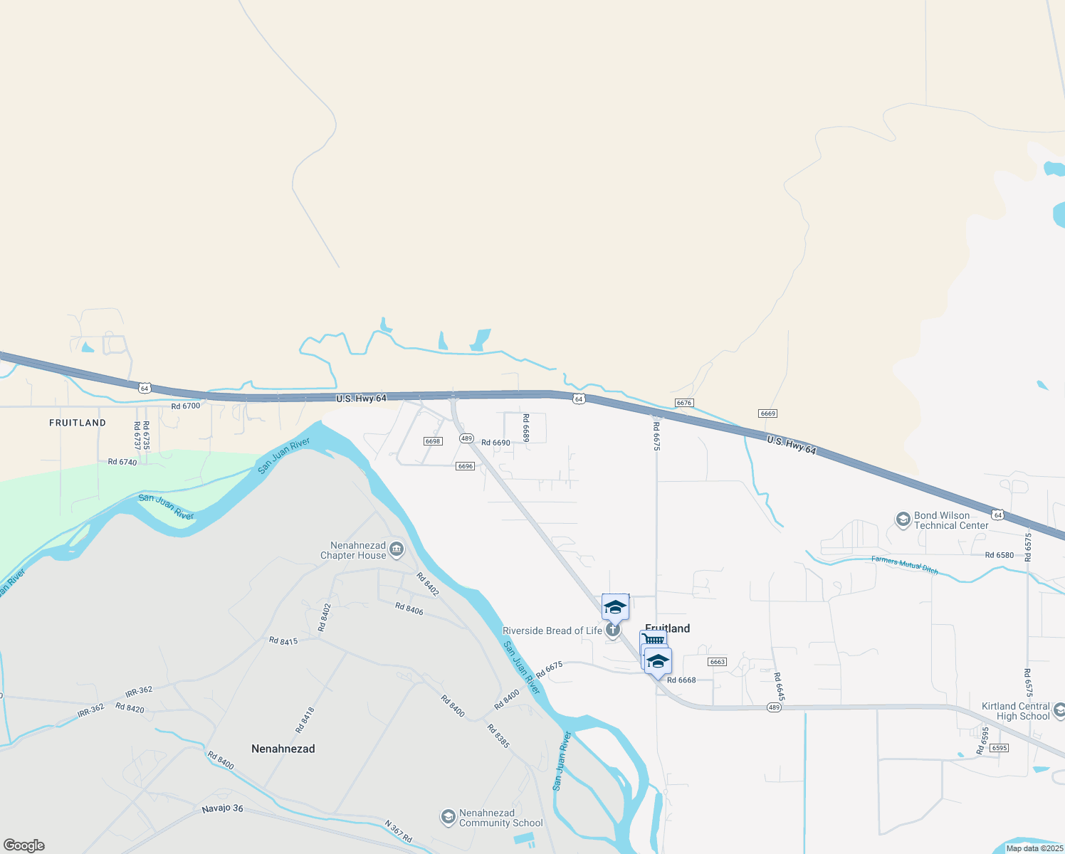 map of restaurants, bars, coffee shops, grocery stores, and more near 6 Road 6689 in Kirtland