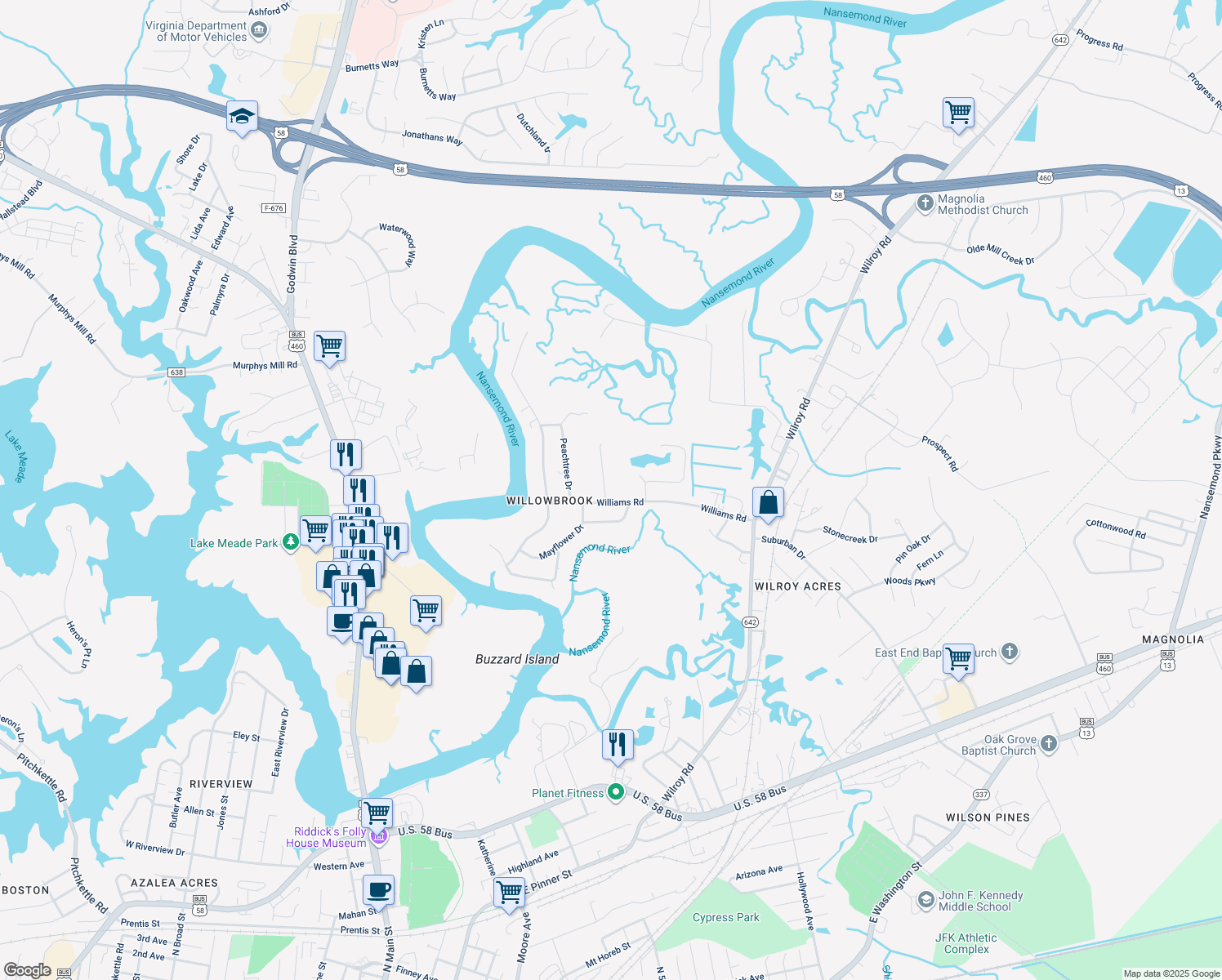 map of restaurants, bars, coffee shops, grocery stores, and more near 1205 Parker Drive in Suffolk
