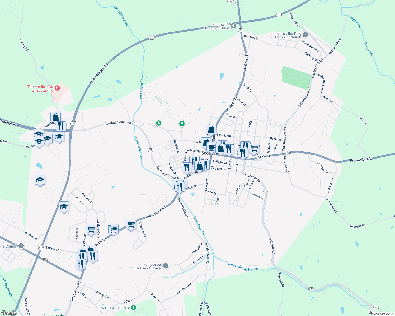 map of restaurants, bars, coffee shops, grocery stores, and more near 198 S Welch St in Scottsville